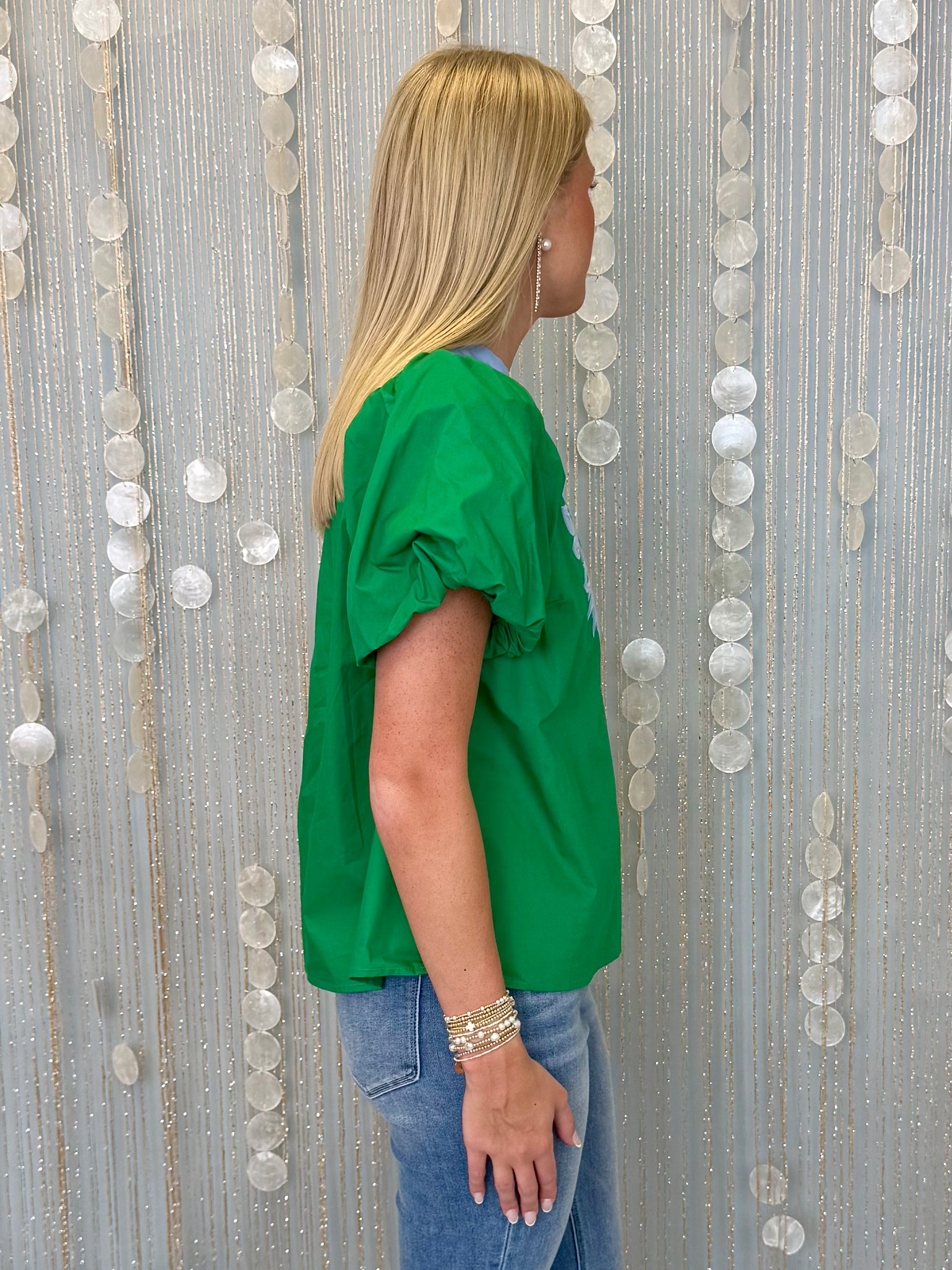 Soft Tides Kelly Green Baroque Applique Woven Top-Shop-Womens-Boutique-Clothing
