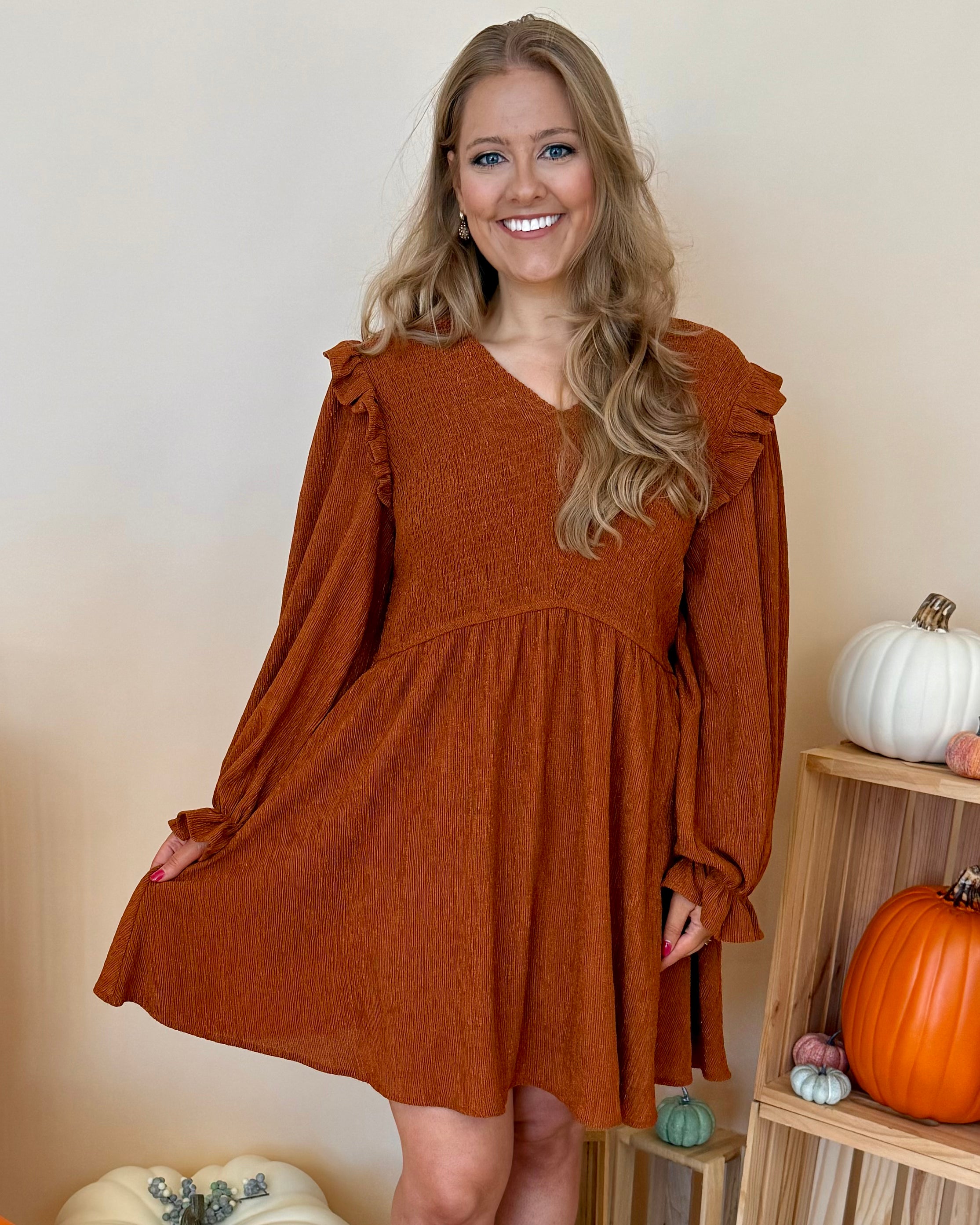 Mountainside Caramel Plus Smocked Dress-Shop-Womens-Boutique-Clothing