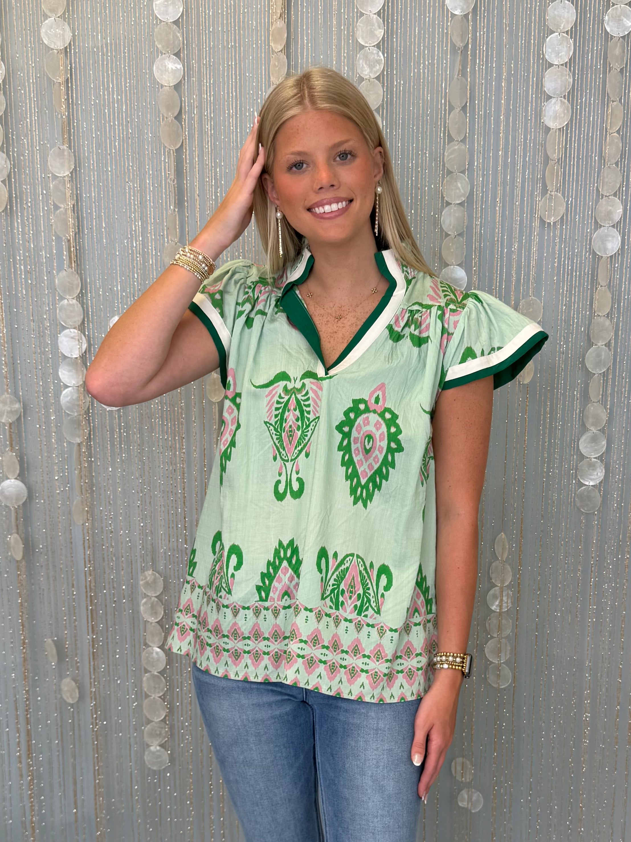 Dreamweaver Island Green Print Contrast Top-Shop-Womens-Boutique-Clothing