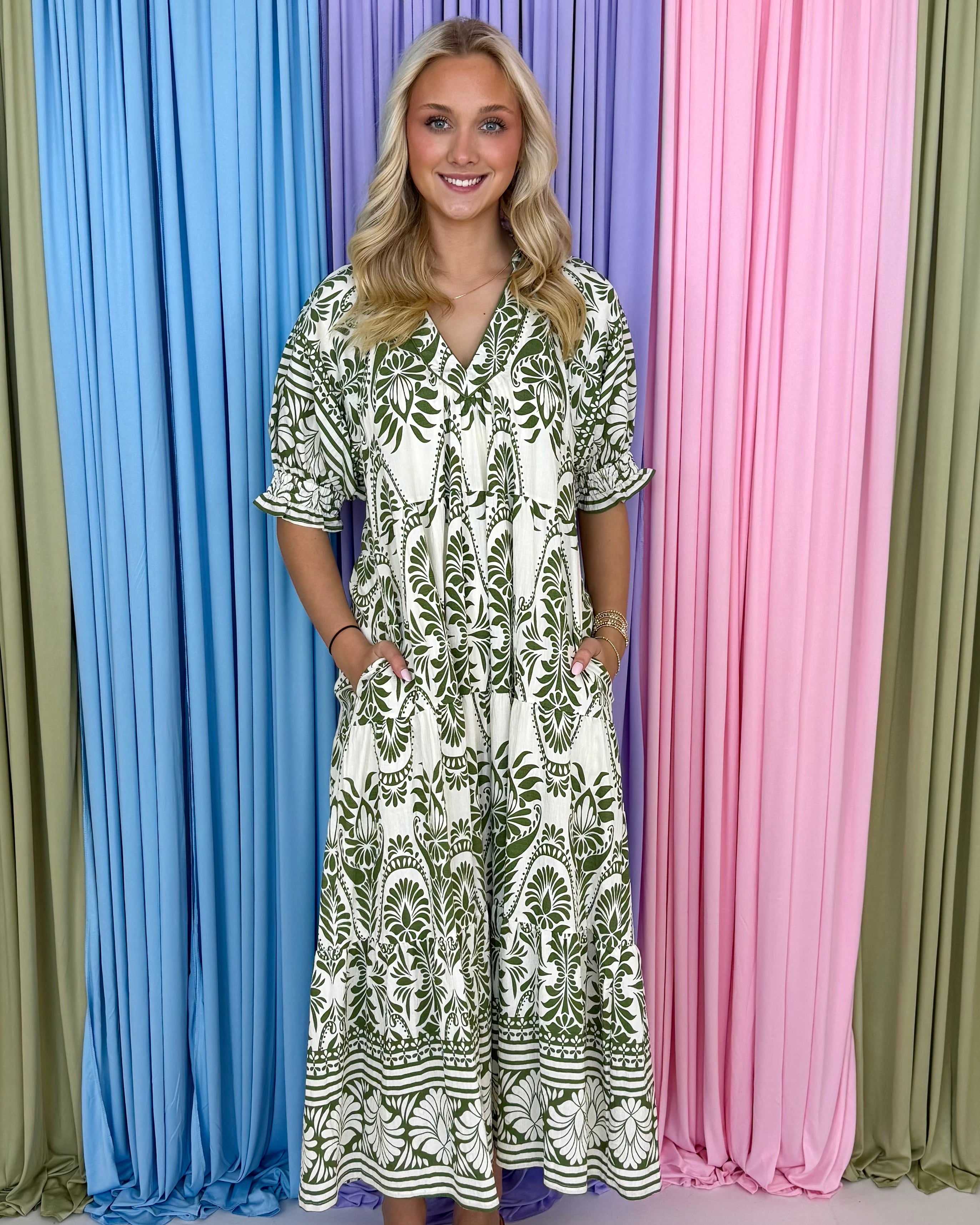 Gentle Glow Green Tiered Midi Dress-Shop-Womens-Boutique-Clothing