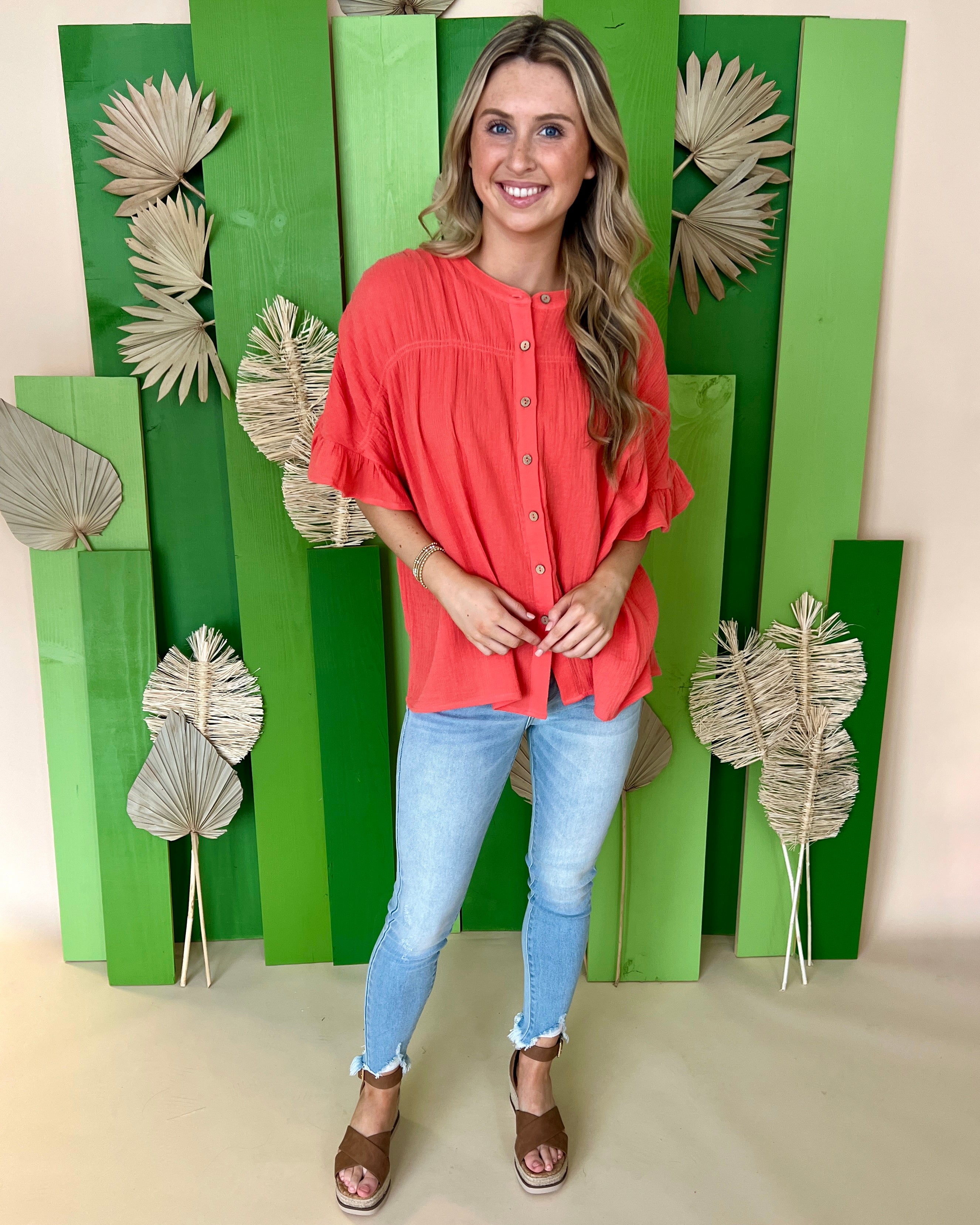 Always Be Coral Button Down Top-Shop-Womens-Boutique-Clothing