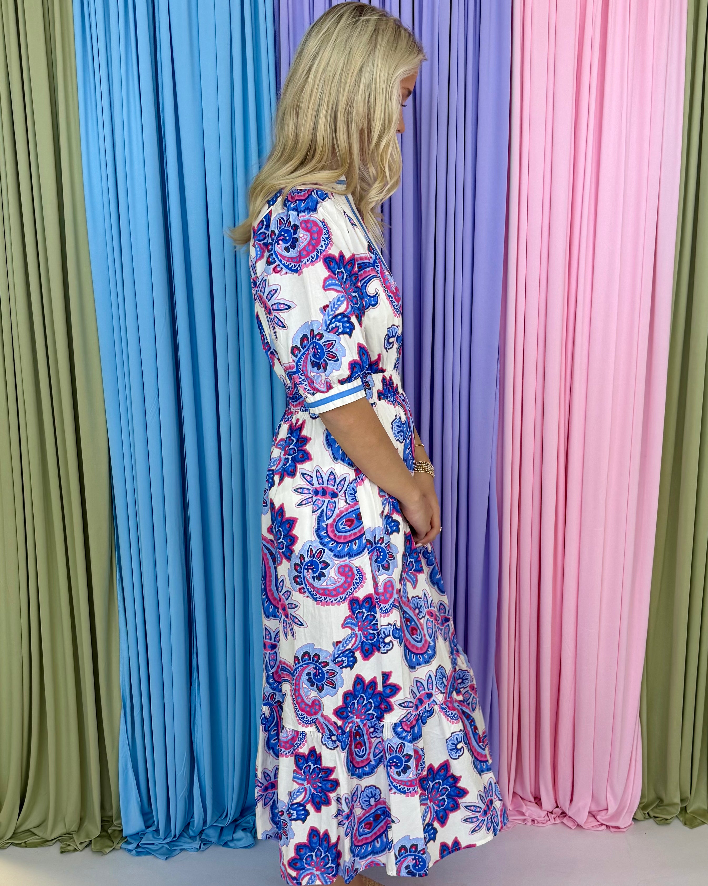 Easy Plans Blue Paisley Contrast Midi Dress-Shop-Womens-Boutique-Clothing