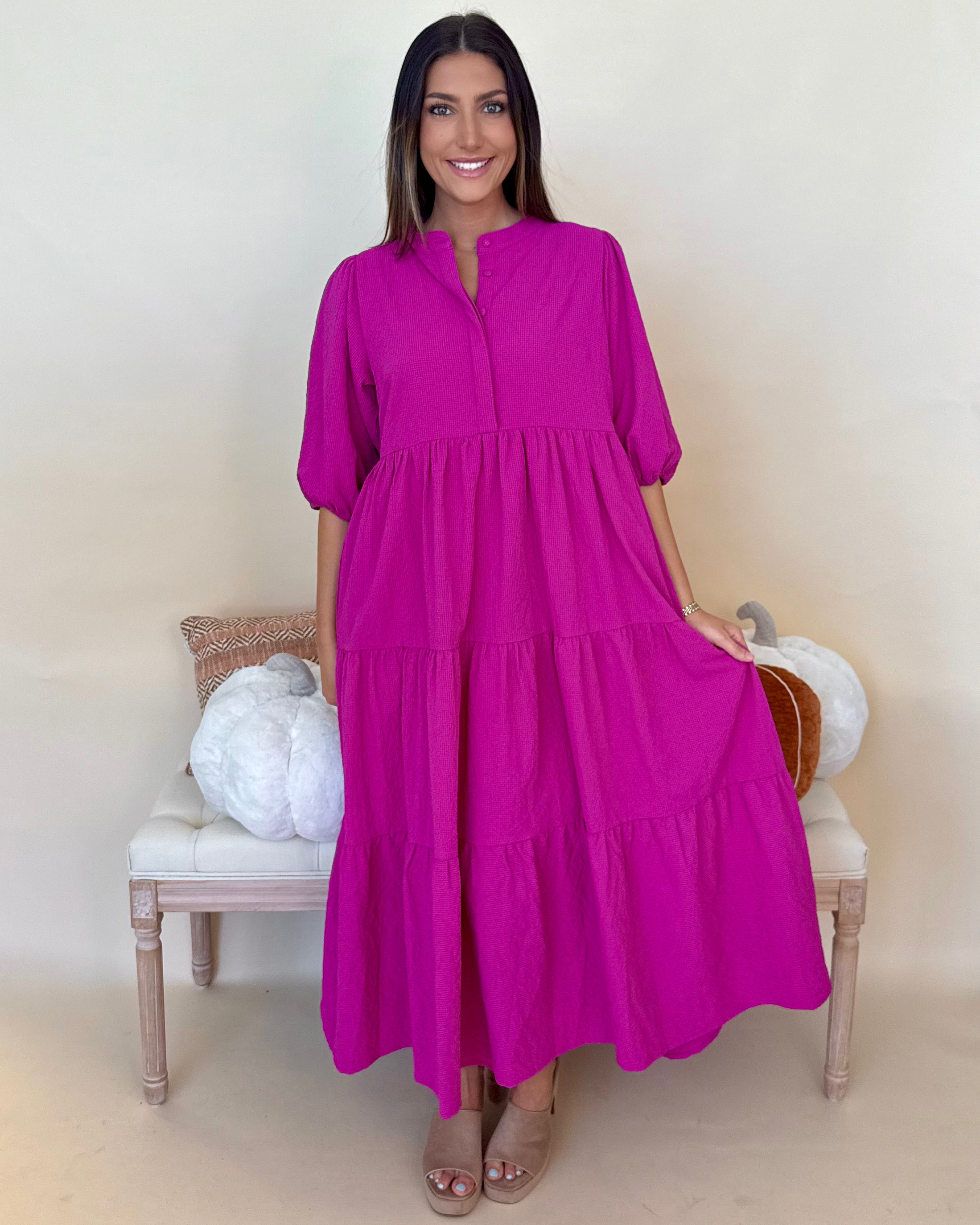 Back To It Magenta Textured Midi Dress-Shop-Womens-Boutique-Clothing