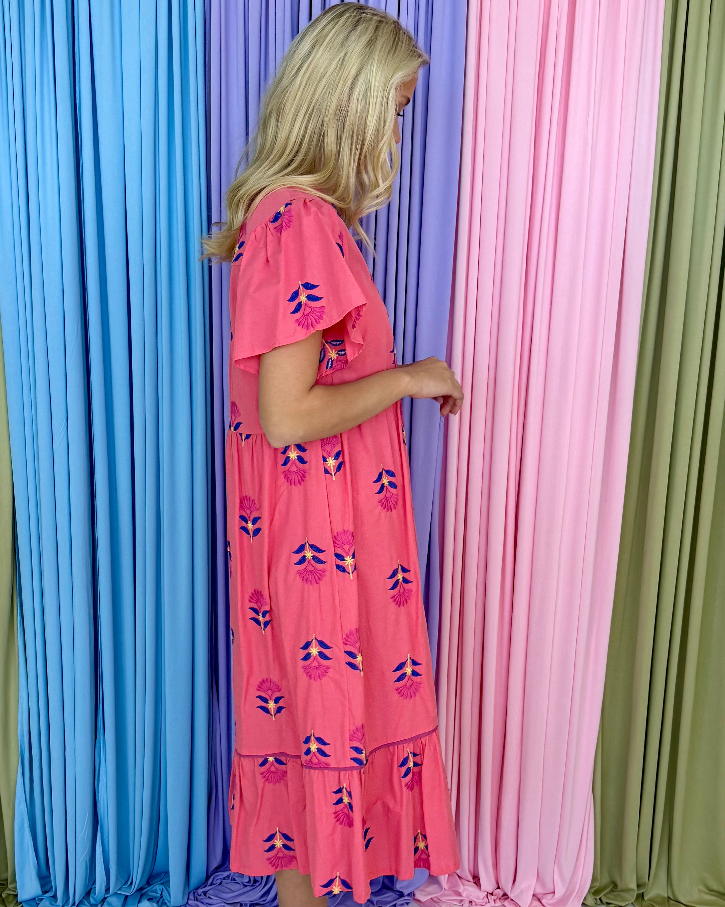 Easy Days Coral Pink Embroidered Midi Dress-Shop-Womens-Boutique-Clothing