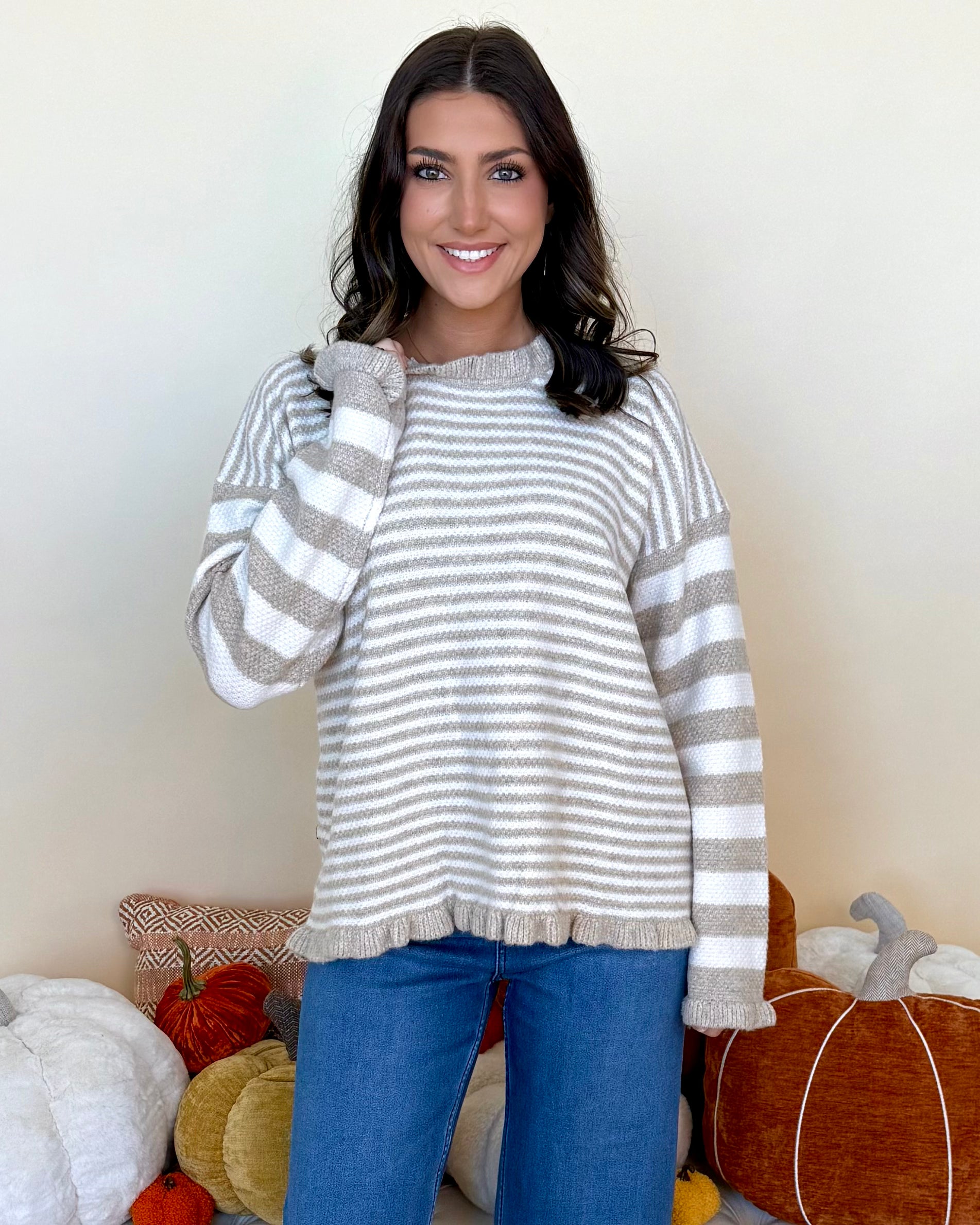 To Be Loved Taupe Ruffle Stripe Sweater-Shop-Womens-Boutique-Clothing