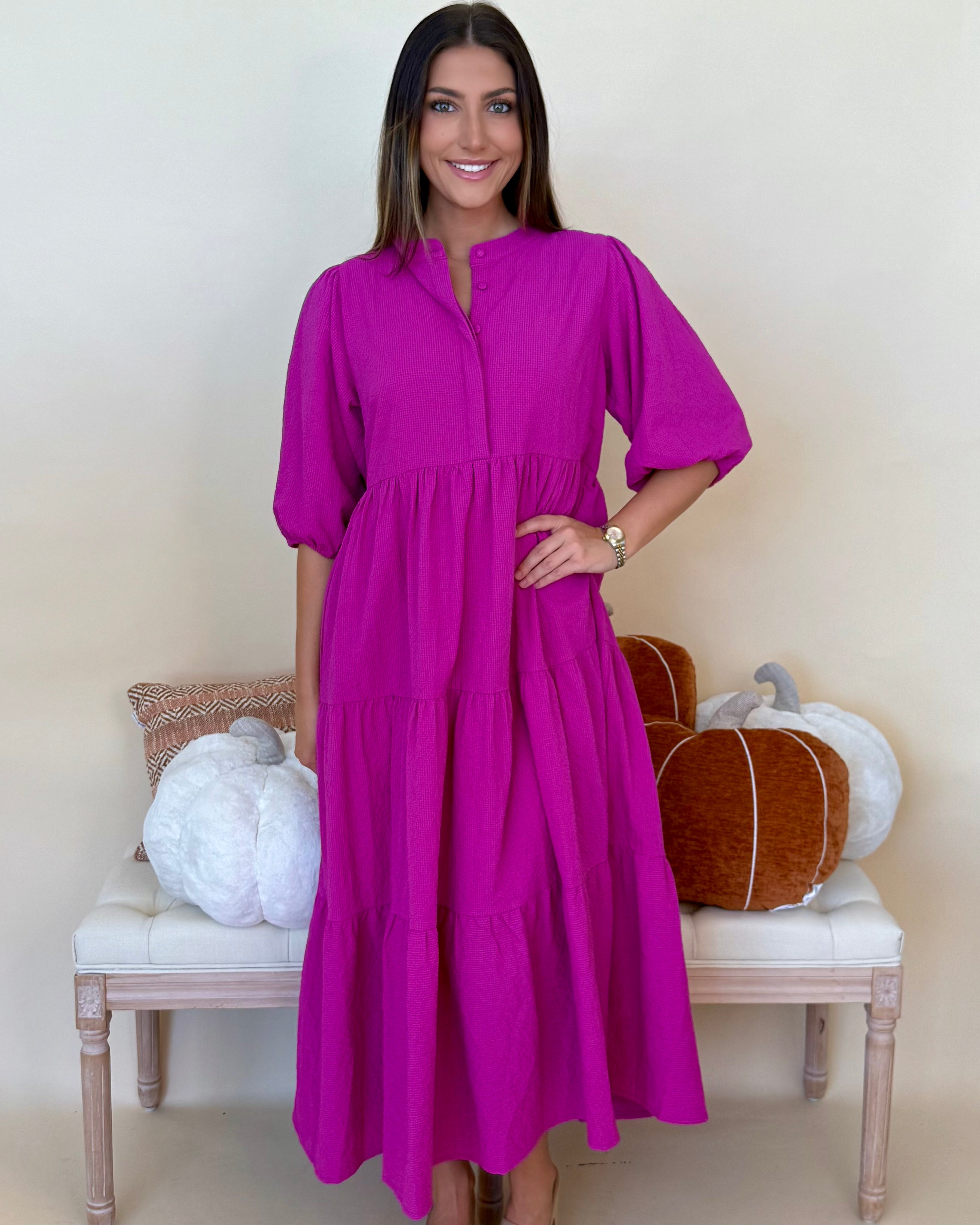 Back To It Magenta Textured Midi Dress-Shop-Womens-Boutique-Clothing