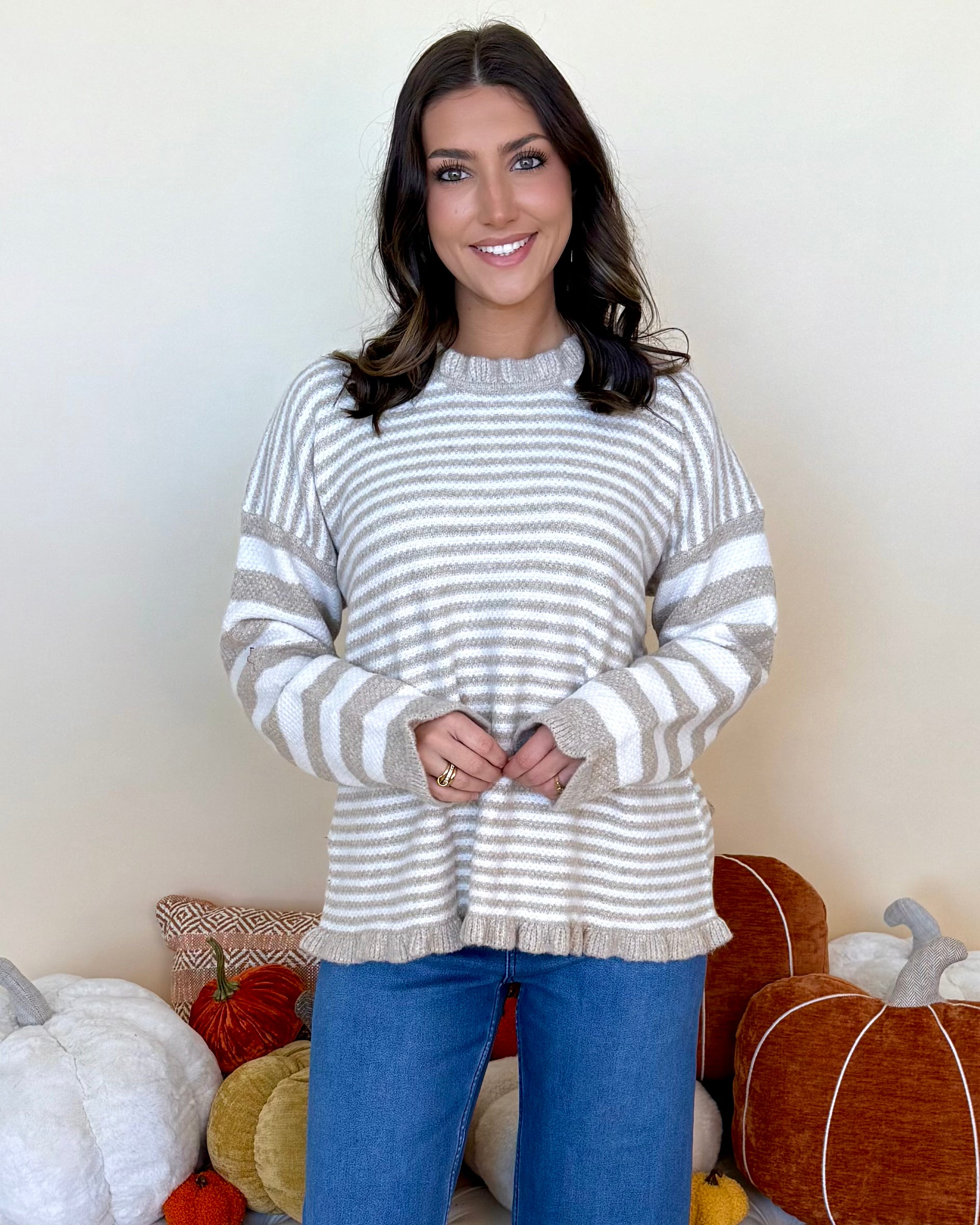 To Be Loved Taupe Ruffle Stripe Sweater-Shop-Womens-Boutique-Clothing