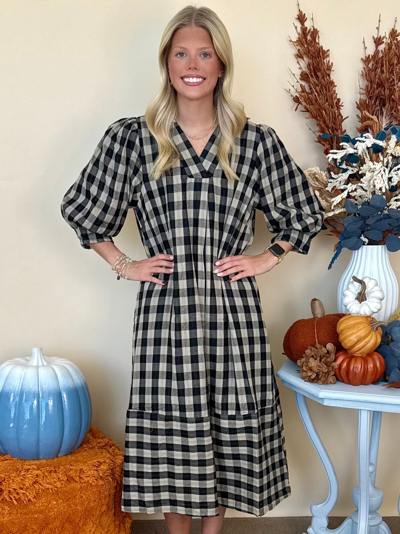 Bookclub Chic Black Checkered Collared Midi Dress
