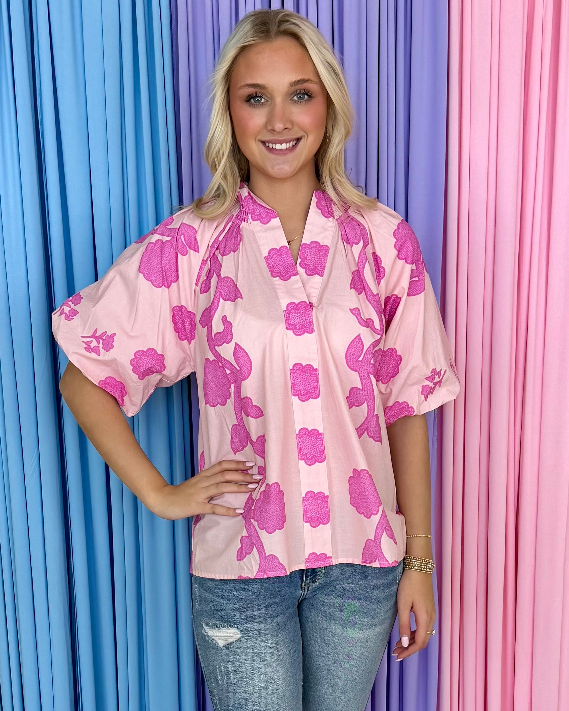 Good Days Ahead Pink Print Smocked Top-Shop-Womens-Boutique-Clothing