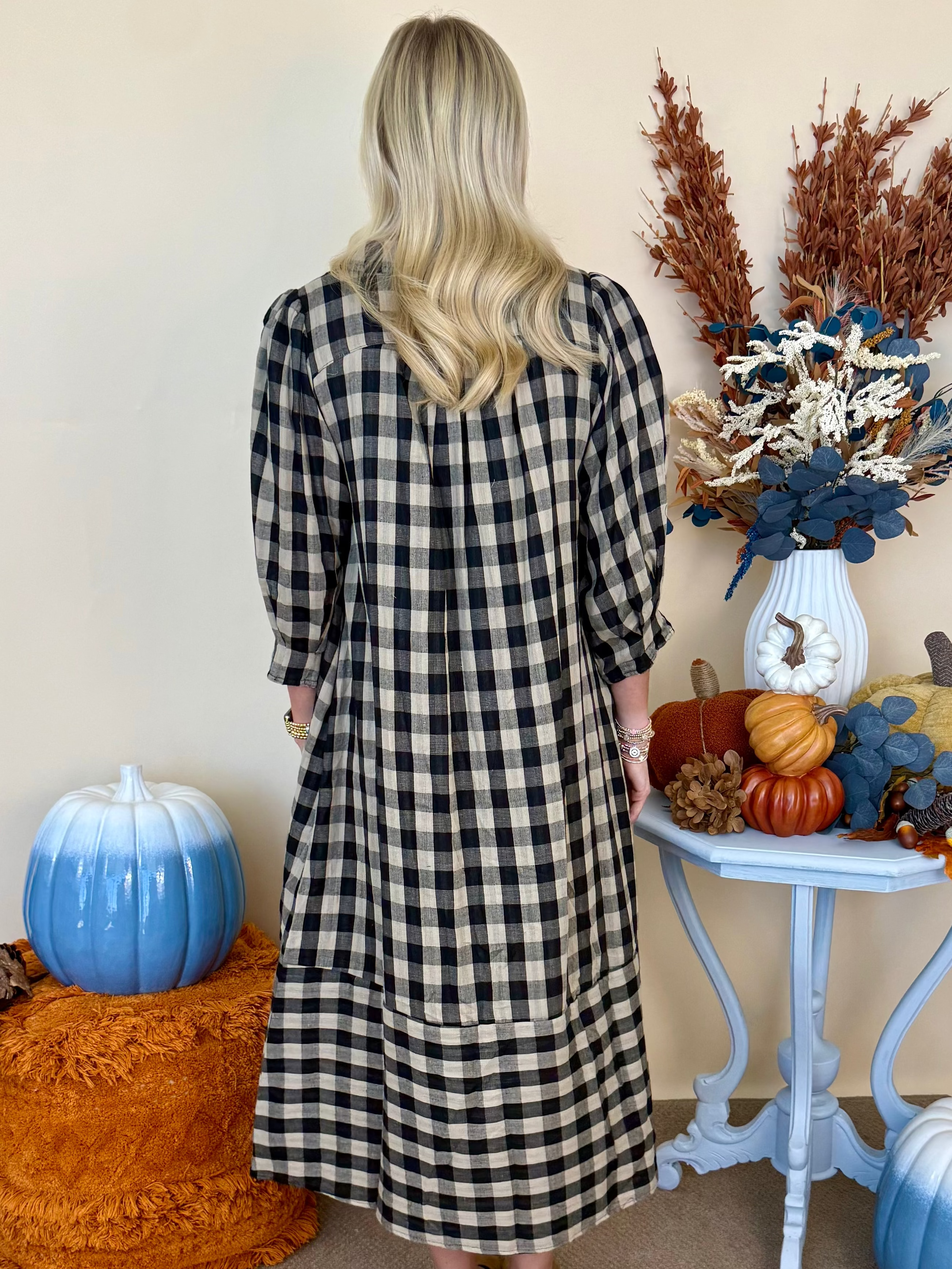 Bookclub Chic Black Checkered Collared Midi Dress