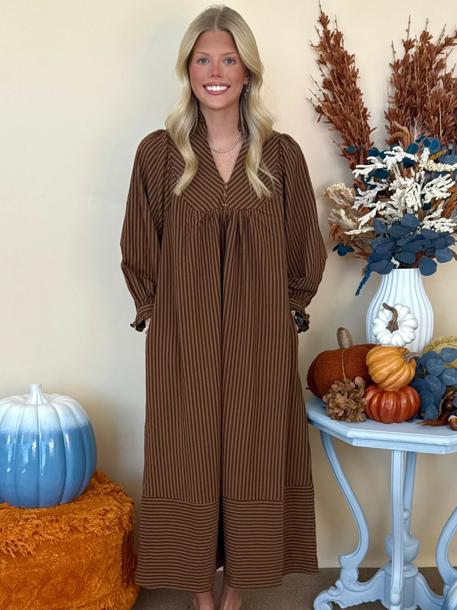 All the Difference Cappuccino Striped Seersucker Mandarin Collar Midi Dress