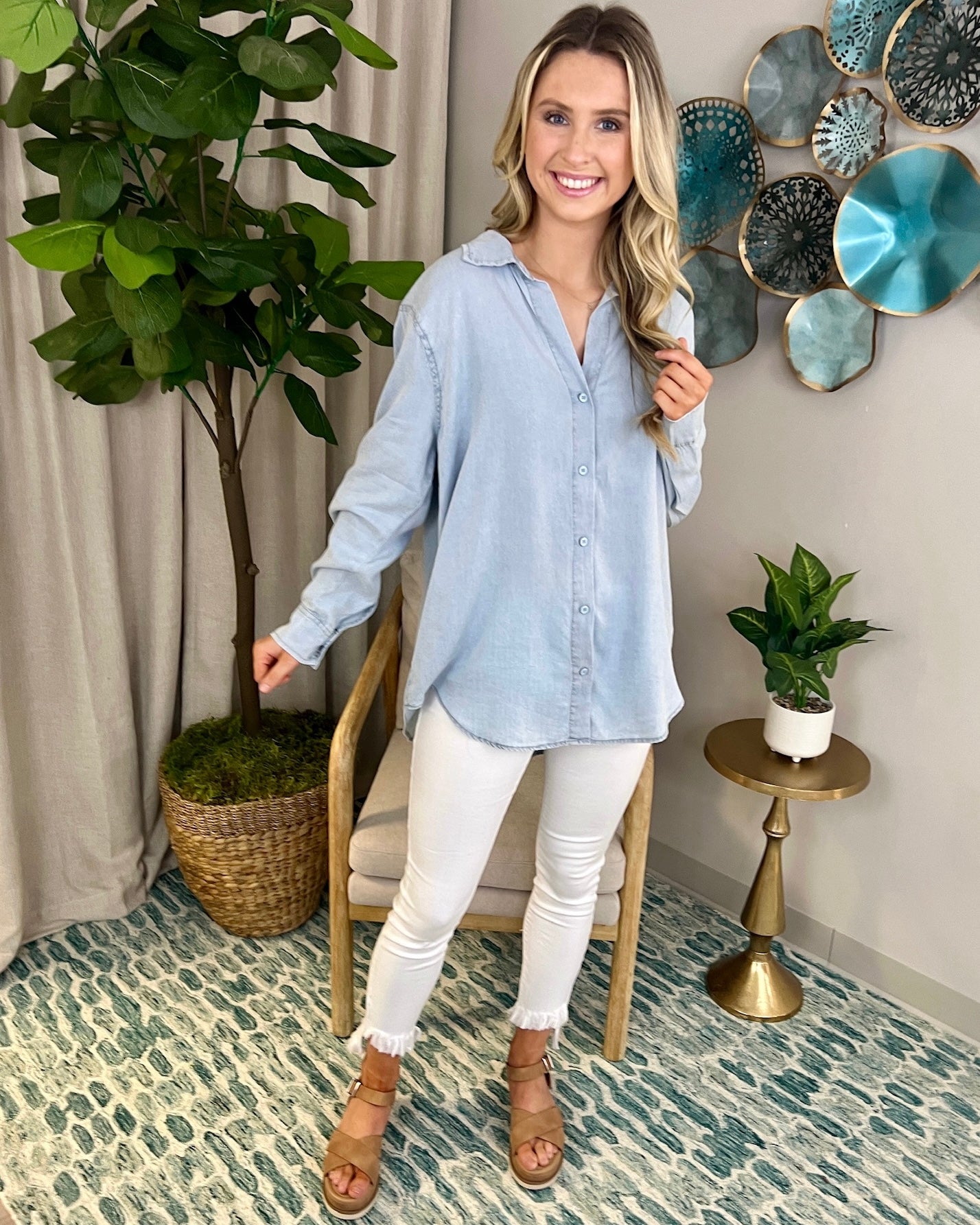 Your Time Icy Denim Button Down Top-Shop-Womens-Boutique-Clothing