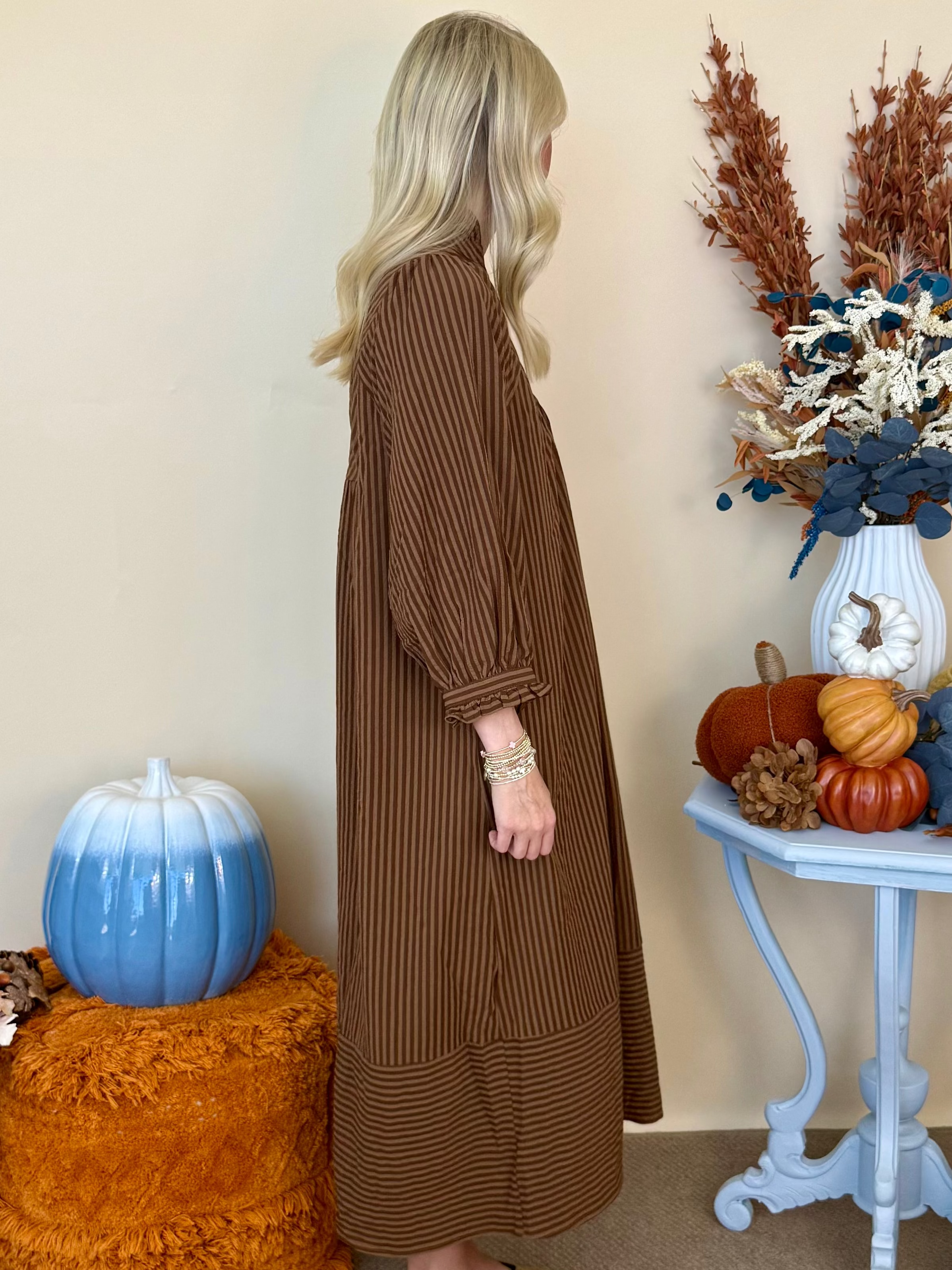 All the Difference Cappuccino Striped Seersucker Mandarin Collar Midi Dress
