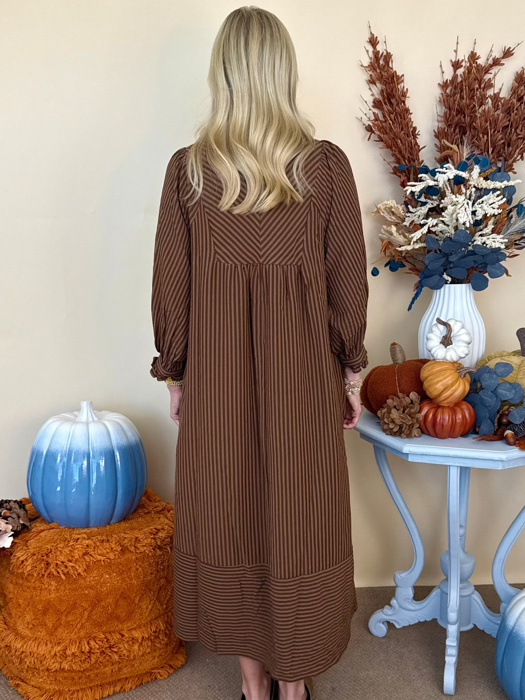 All the Difference Cappuccino Striped Seersucker Mandarin Collar Midi Dress