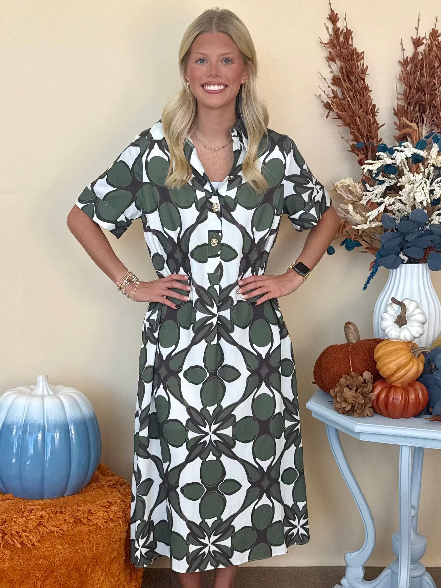 The Vineyard Affair Olive Print Midi Dress