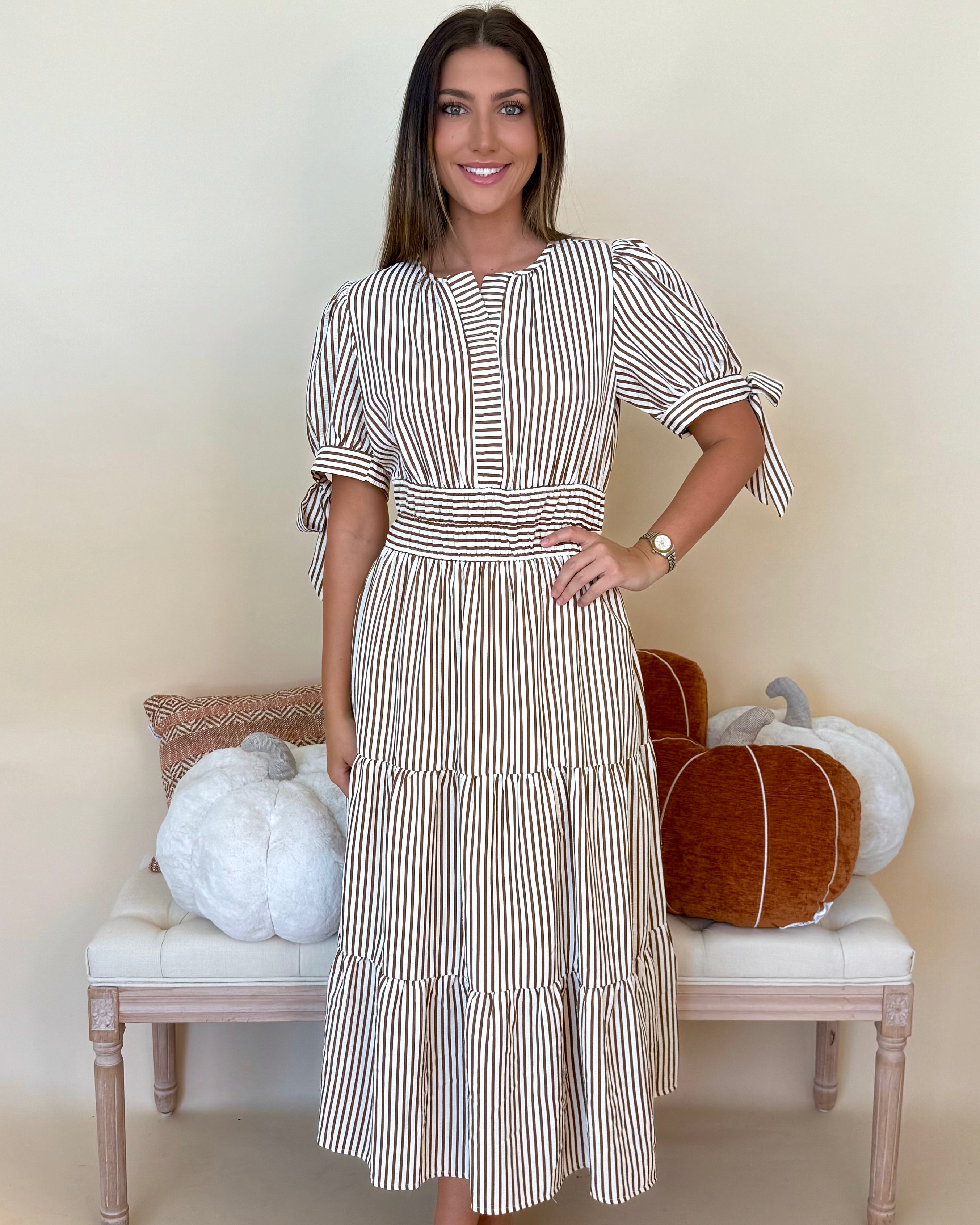 Heart Full Mocha Stripe Bow Midi Dress-Shop-Womens-Boutique-Clothing