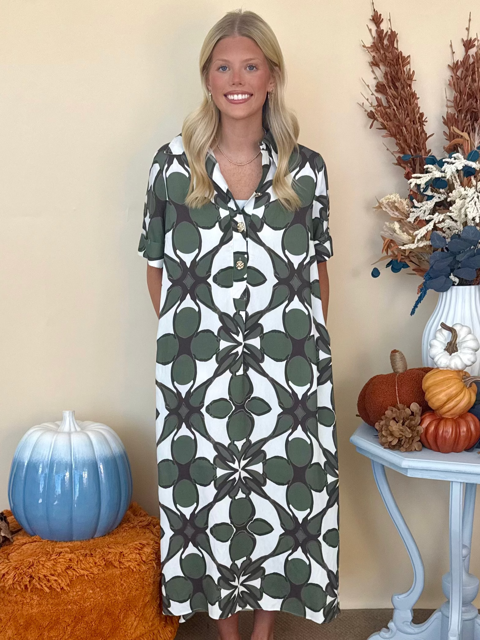 The Vineyard Affair Olive Print Midi Dress