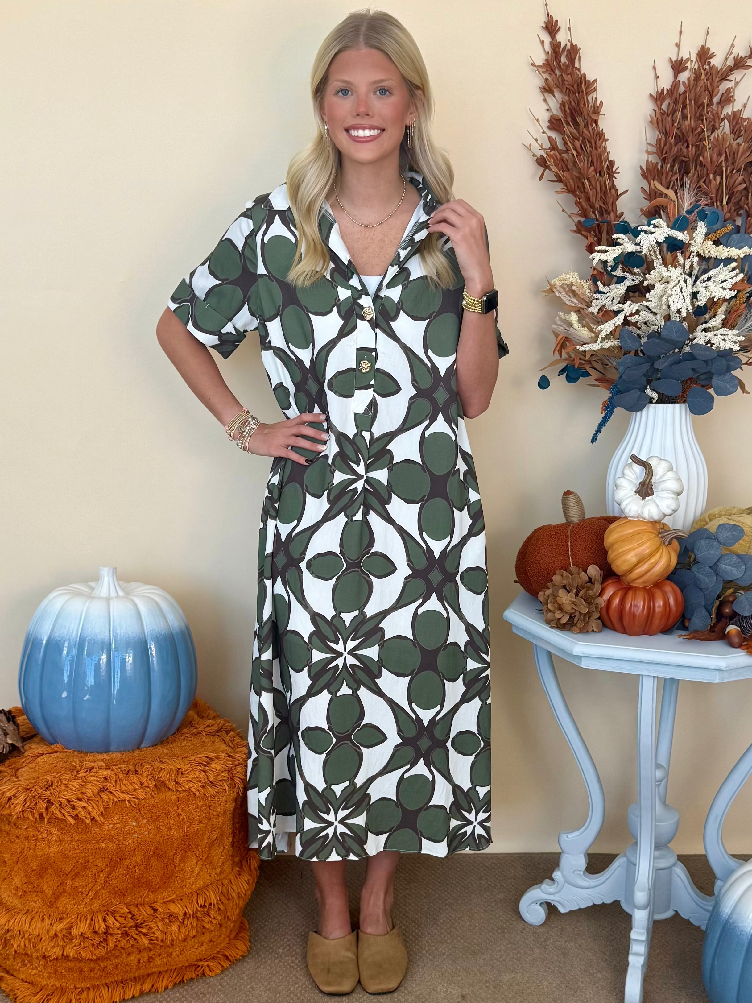 The Vineyard Affair Olive Print Midi Dress