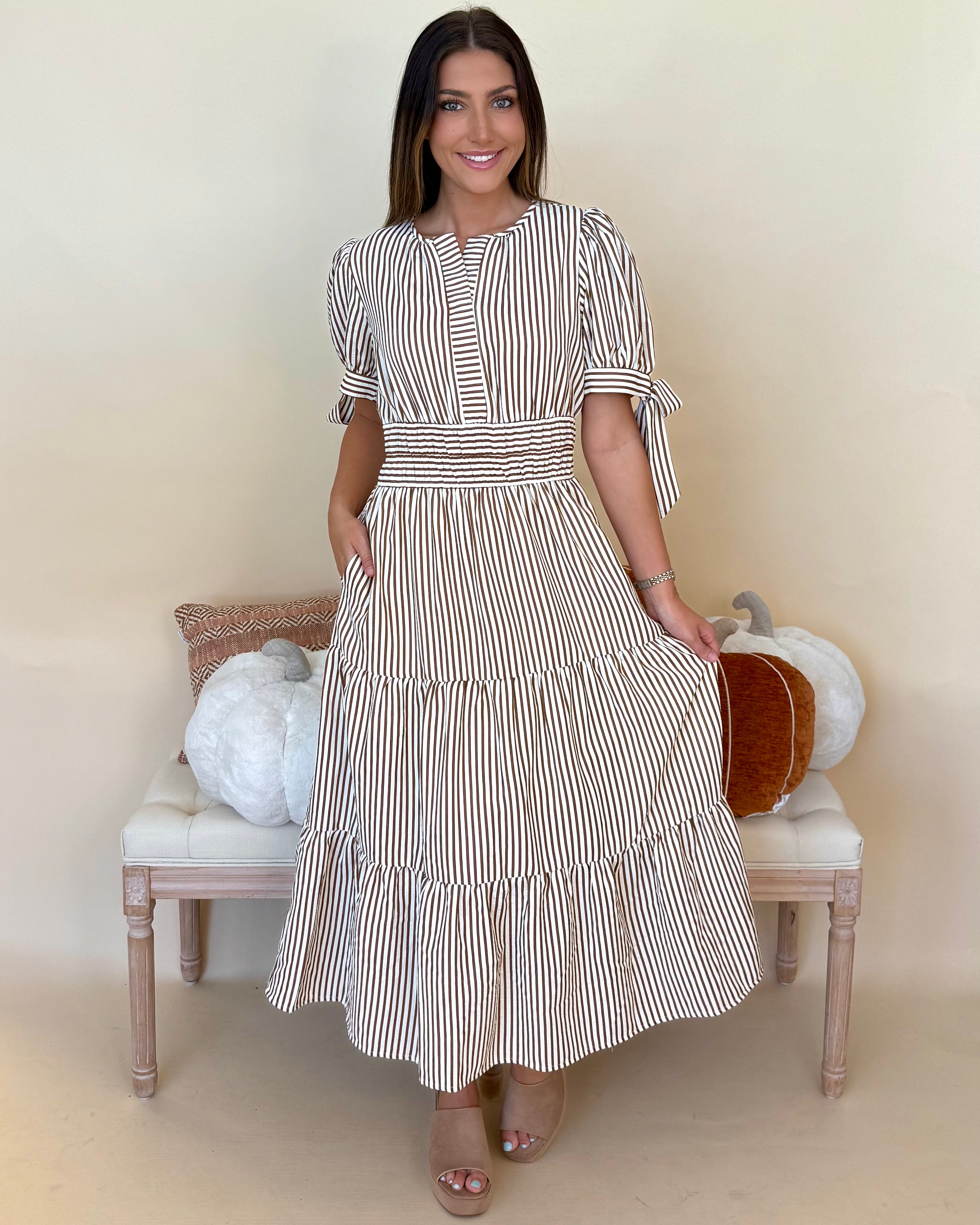 Heart Full Mocha Stripe Bow Midi Dress-Shop-Womens-Boutique-Clothing