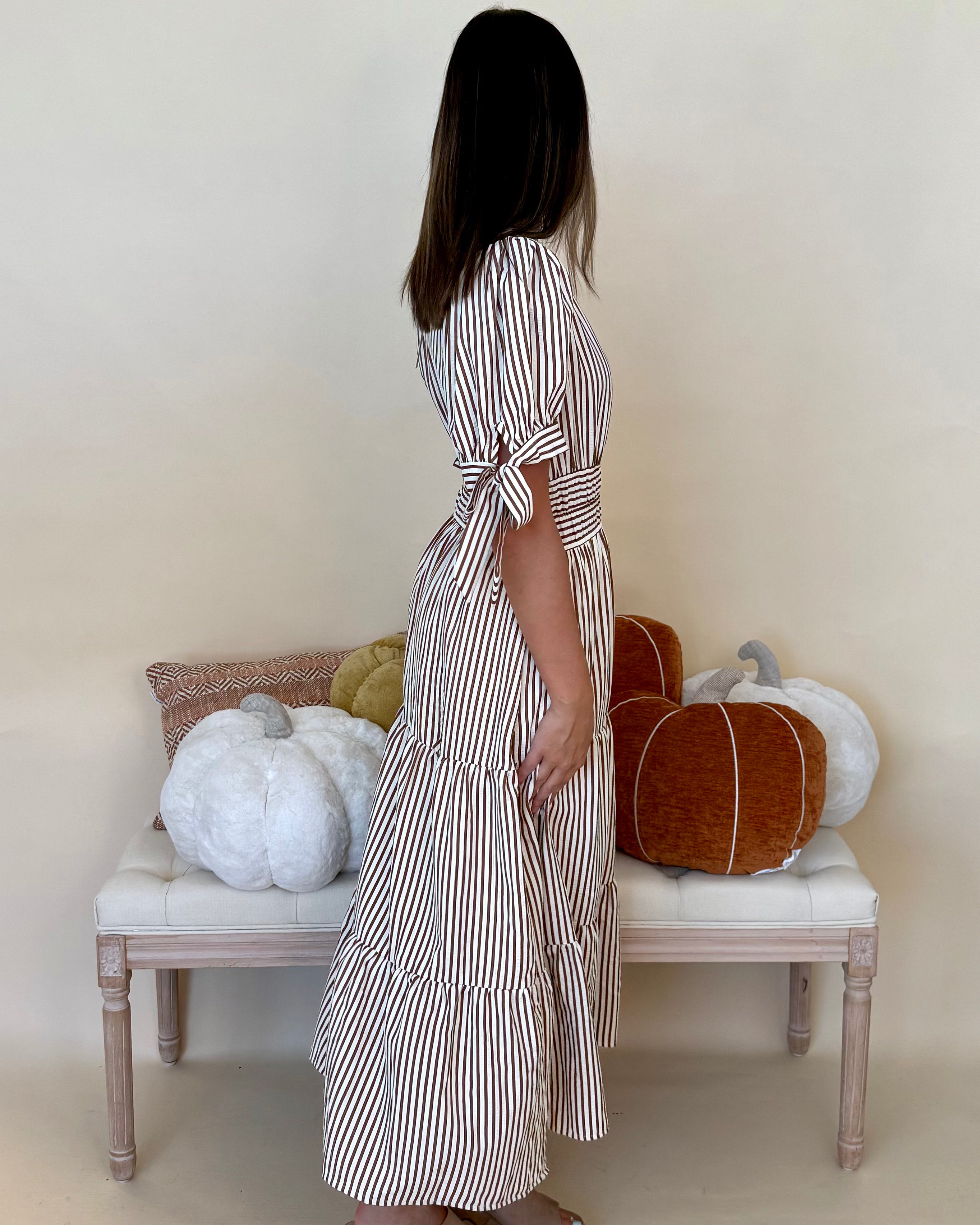 Heart Full Mocha Stripe Bow Midi Dress-Shop-Womens-Boutique-Clothing