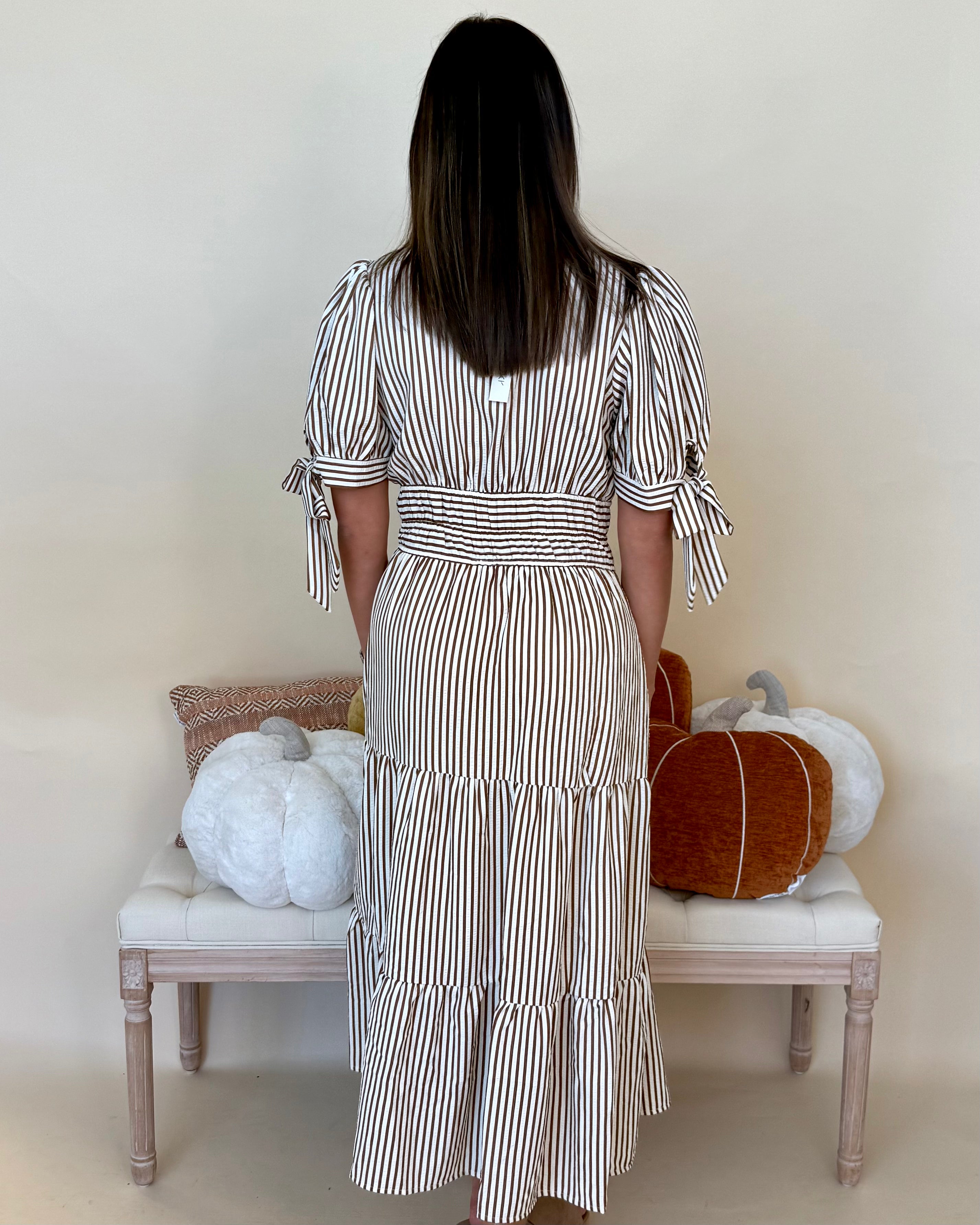 Heart Full Mocha Stripe Bow Midi Dress-Shop-Womens-Boutique-Clothing