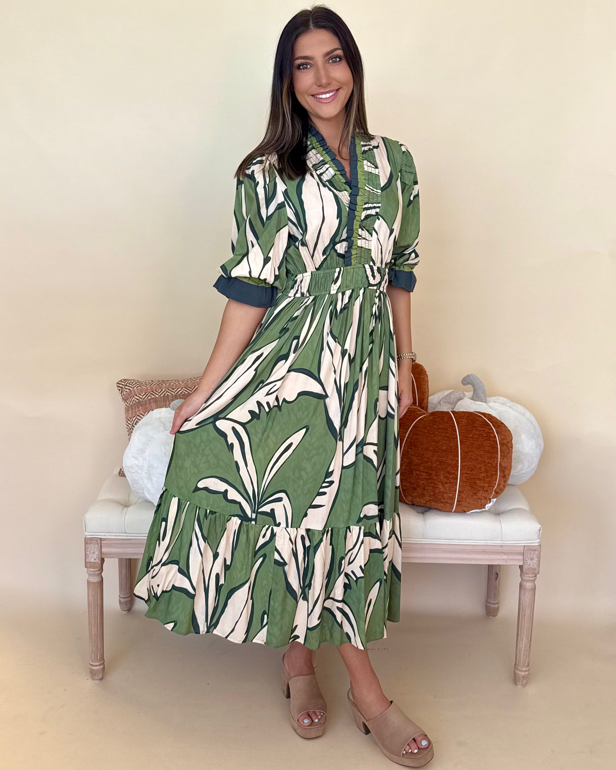 Good Start Sage Mix Leaf Ruffle Midi Dress-Shop-Womens-Boutique-Clothing