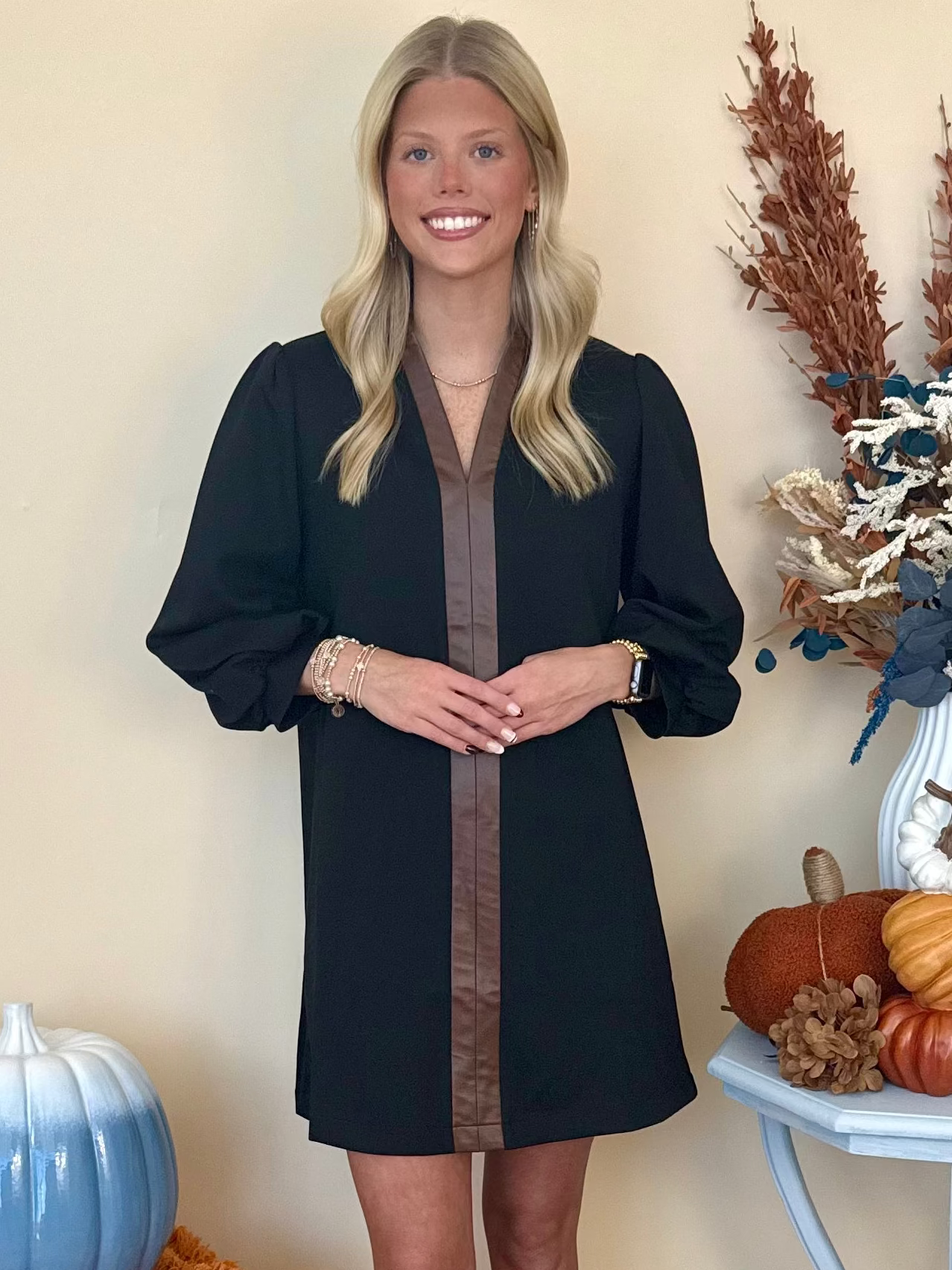 Candlelit Dinner Black Faux Leather Accent 3/4 Sleeve Dress
