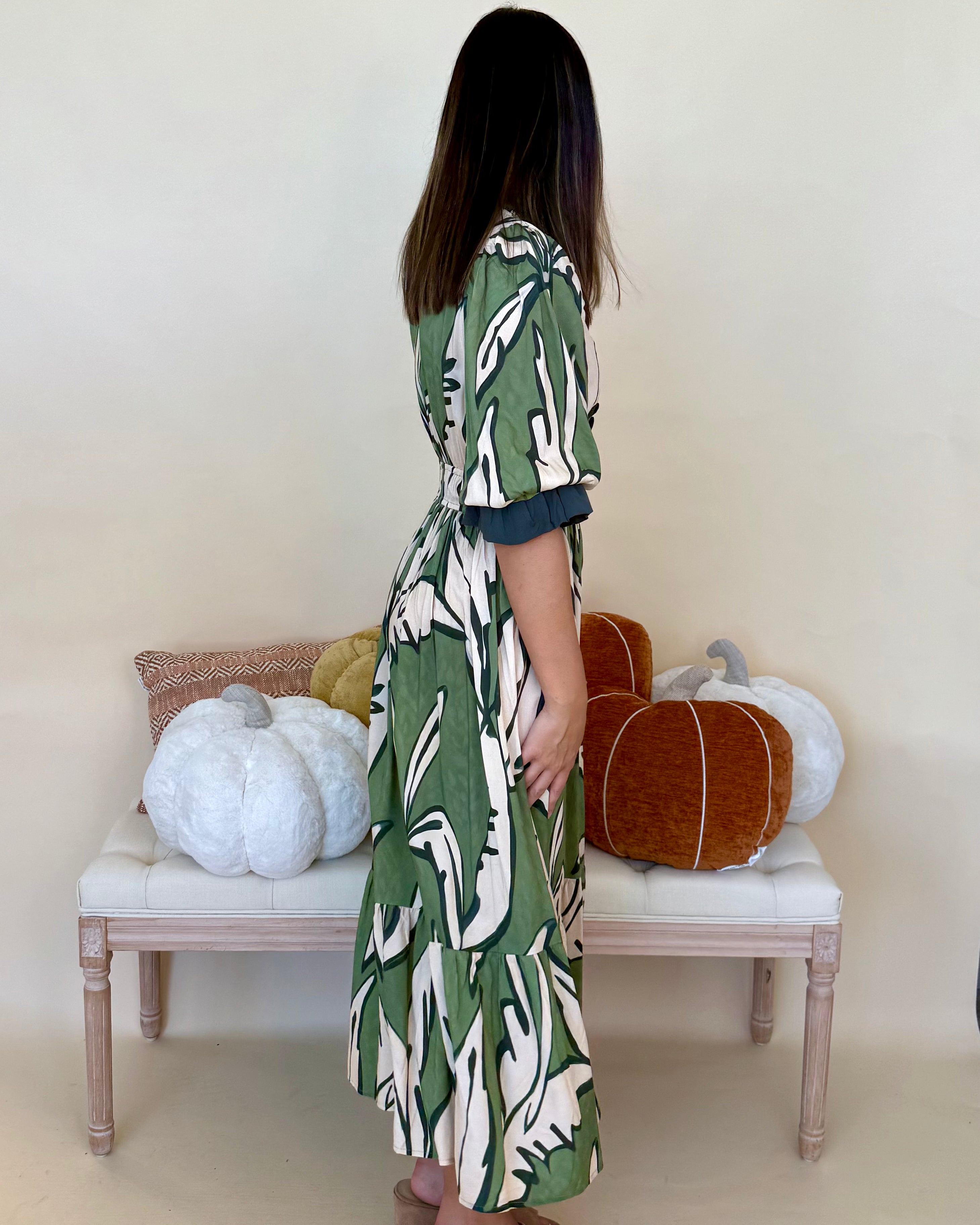 Good Start Sage Mix Leaf Ruffle Midi Dress-Shop-Womens-Boutique-Clothing