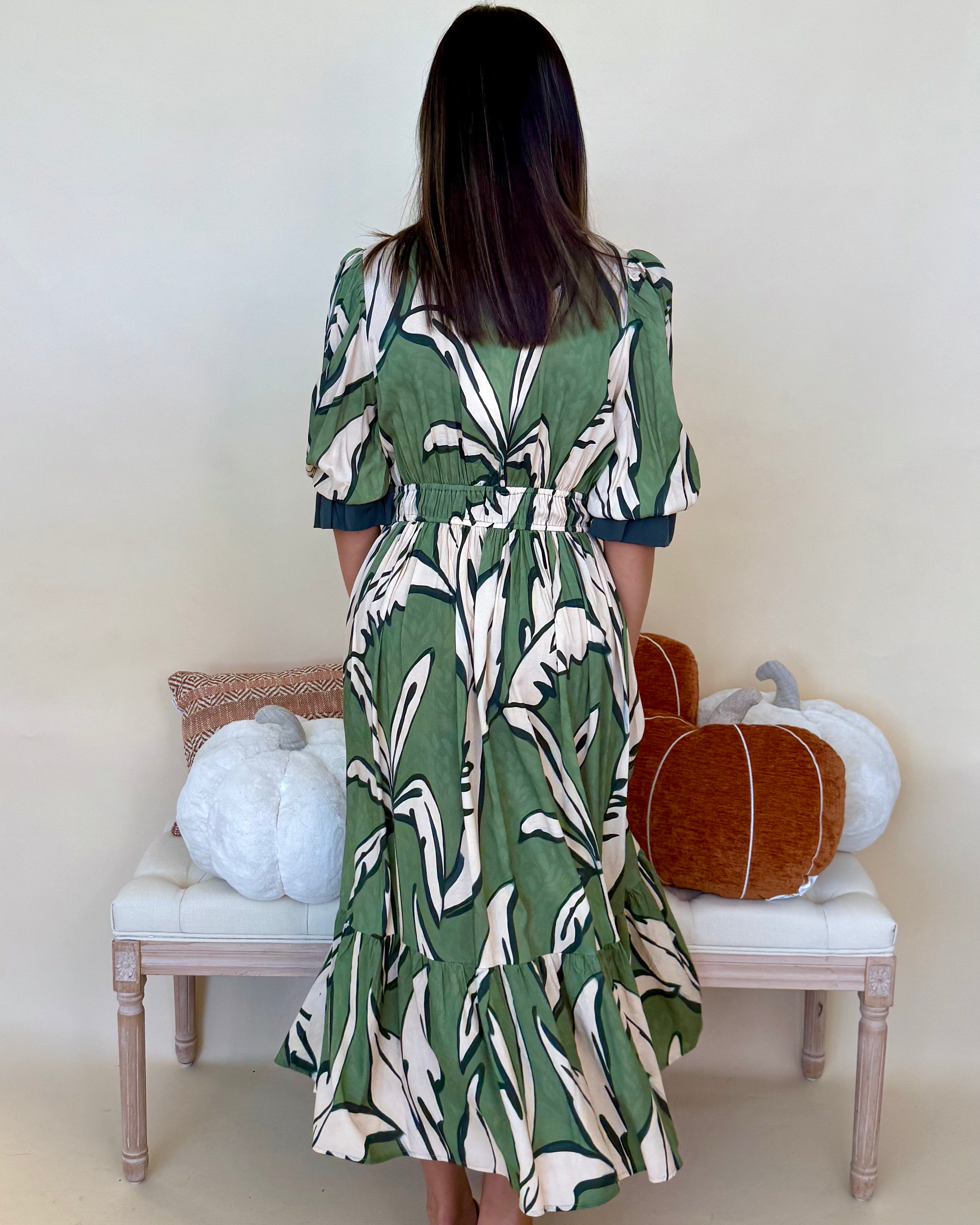 Good Start Sage Mix Leaf Ruffle Midi Dress-Shop-Womens-Boutique-Clothing