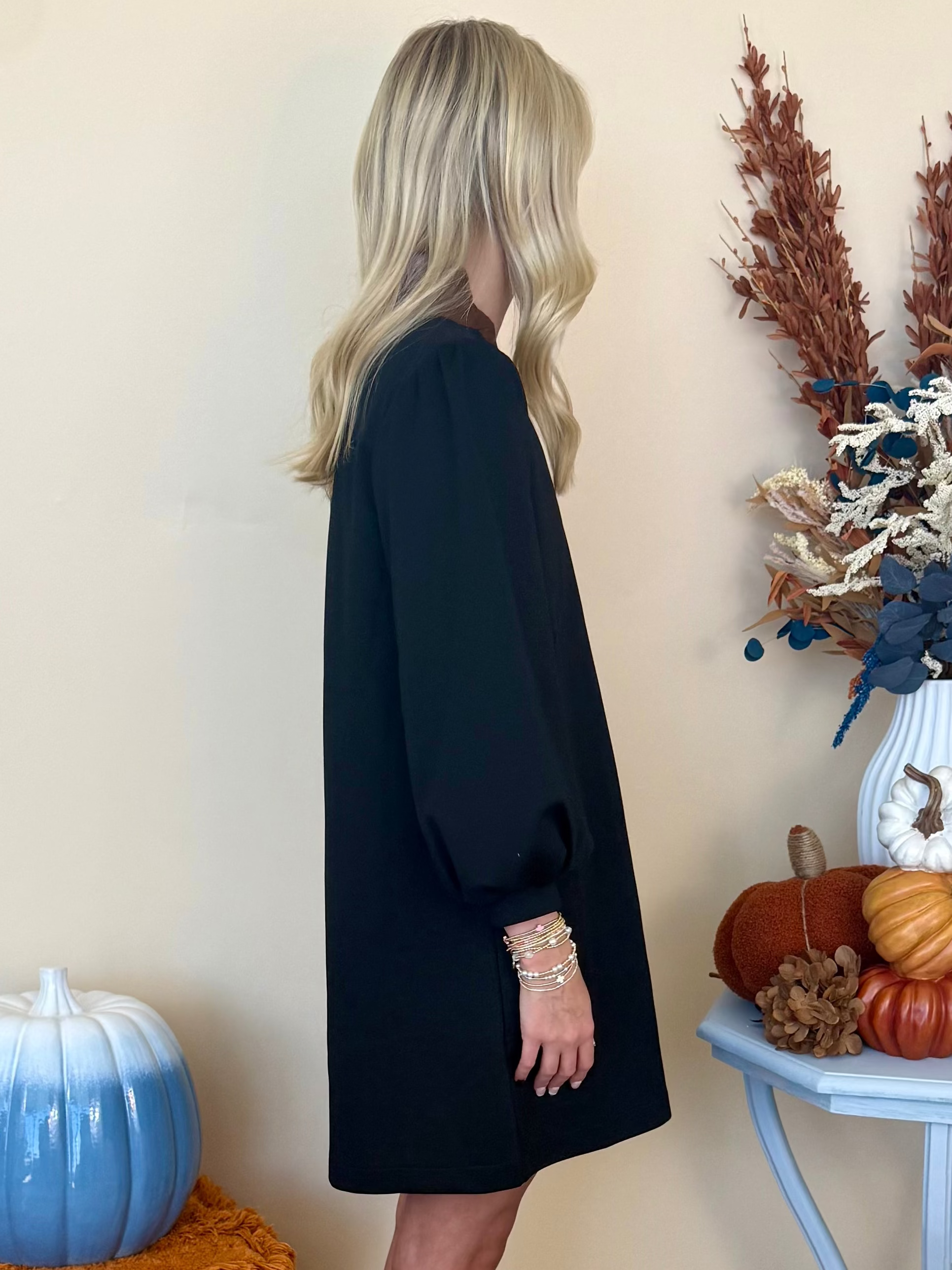 Candlelit Dinner Black Faux Leather Accent 3/4 Sleeve Dress