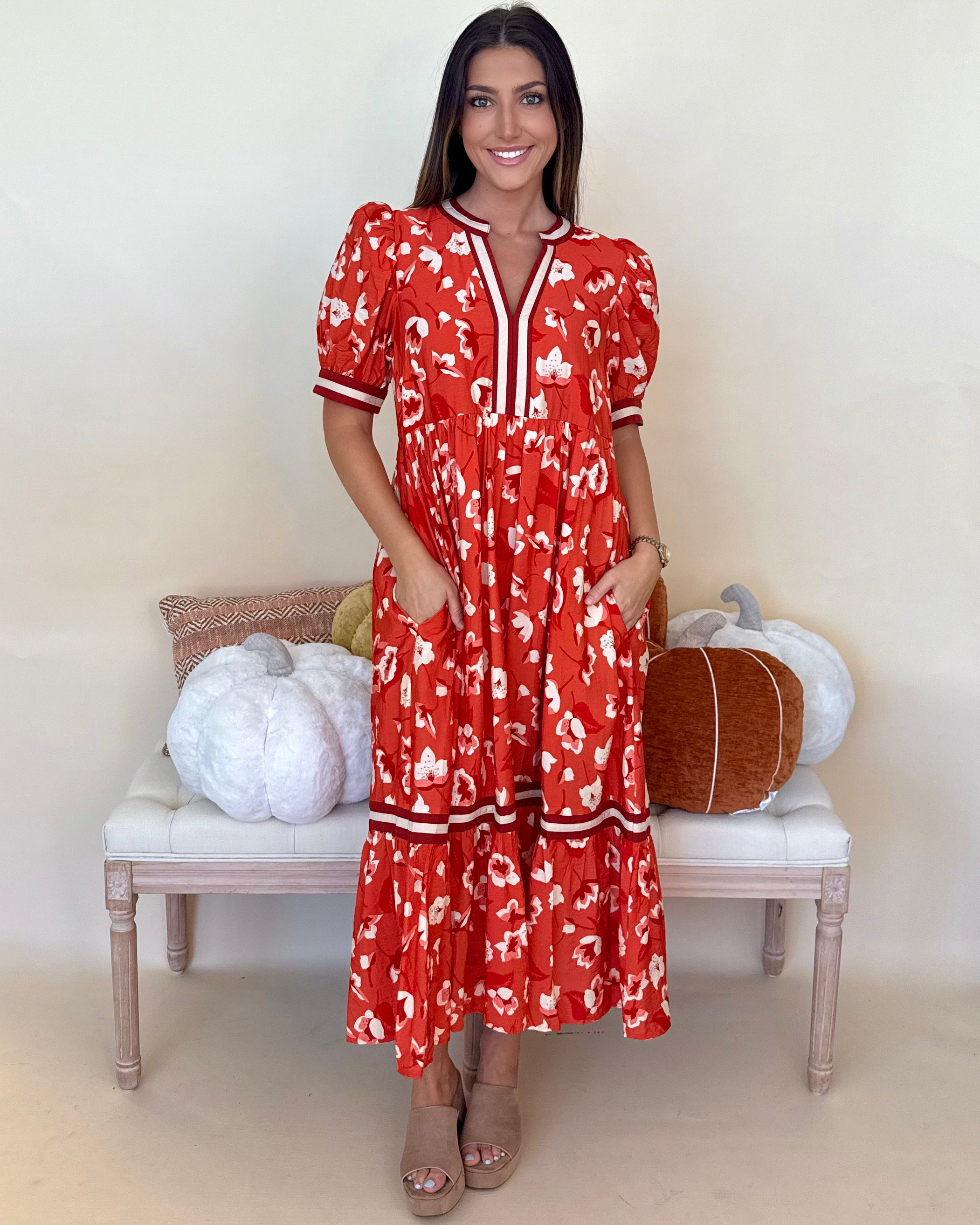 Flip The Script Rust Floral Tiered Midi Dress-Shop-Womens-Boutique-Clothing