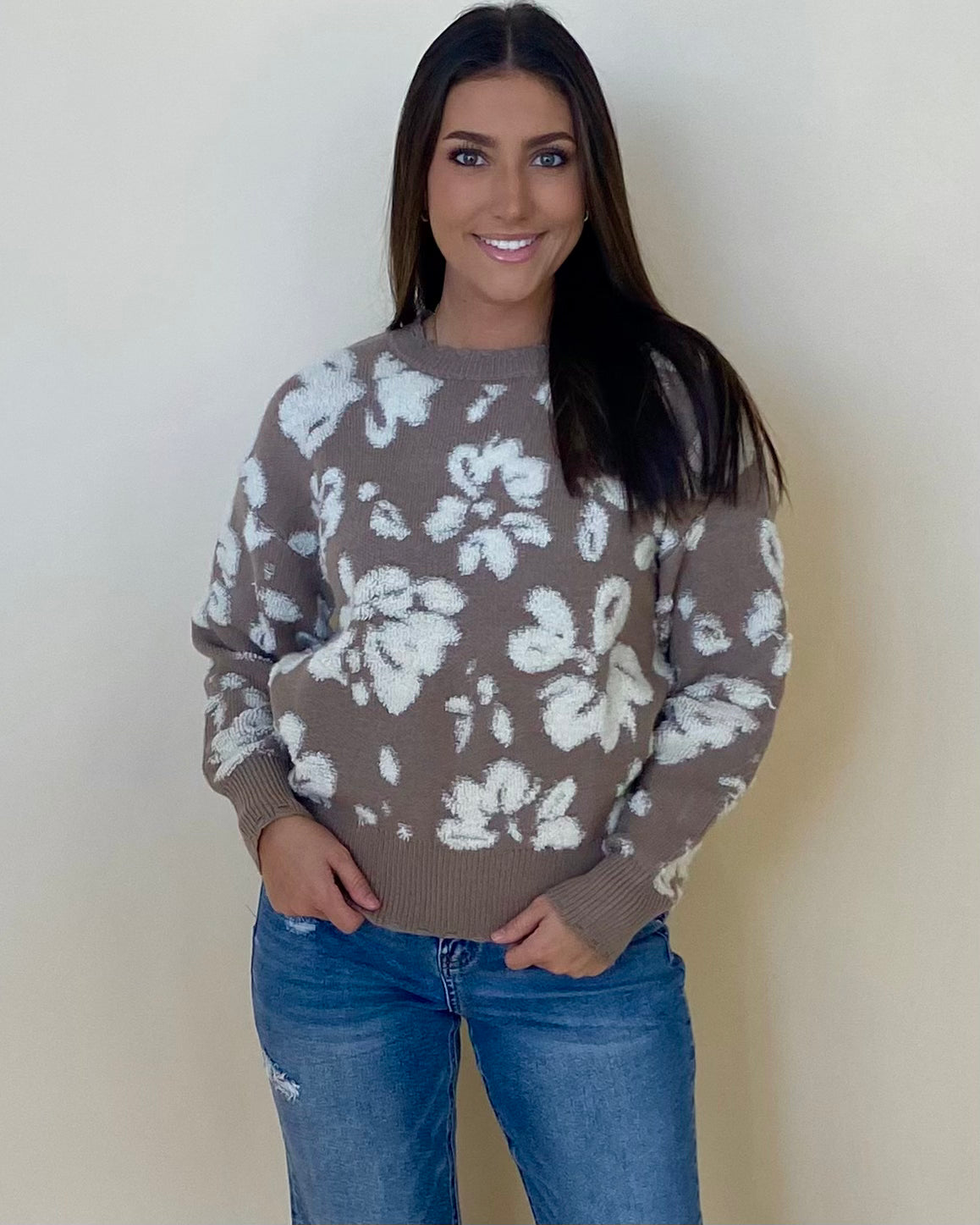 Over My Head Taupe Floral Sweater-Shop-Womens-Boutique-Clothing