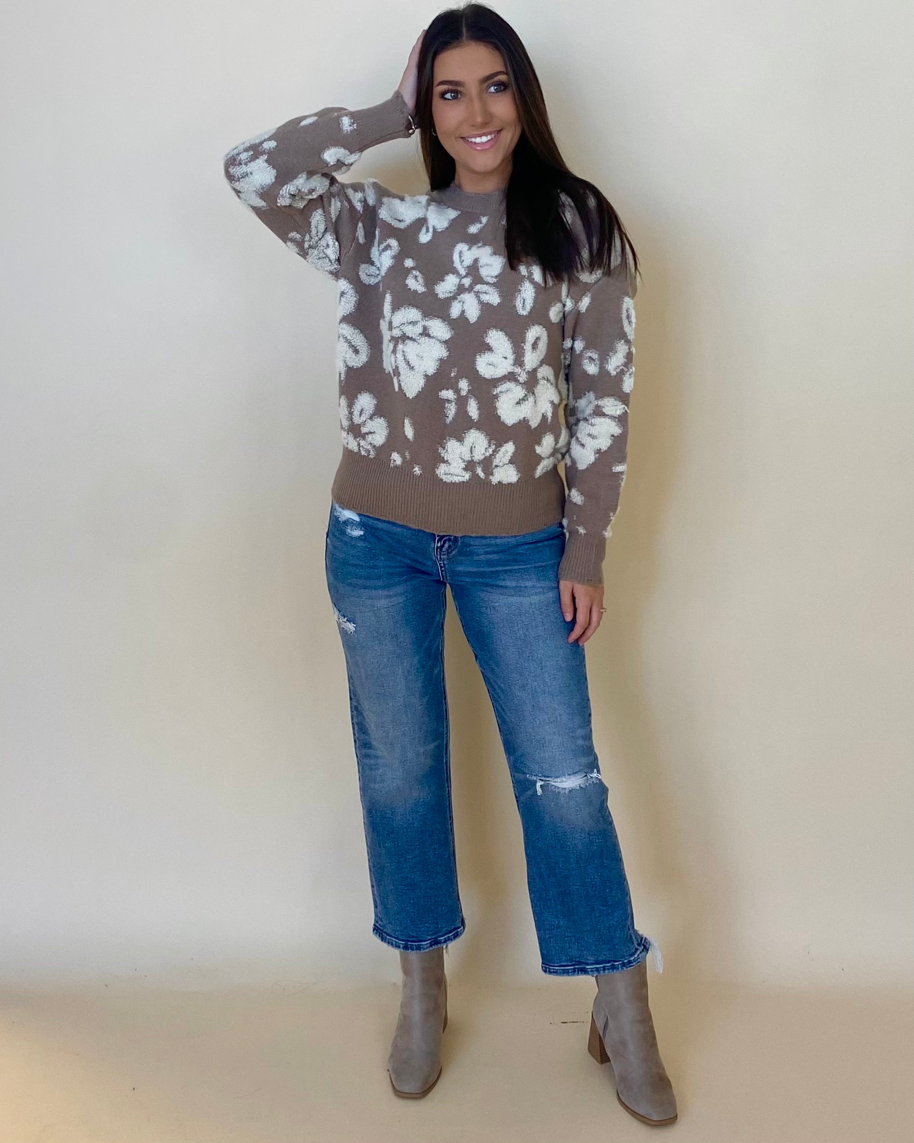 Over My Head Taupe Floral Sweater-Shop-Womens-Boutique-Clothing