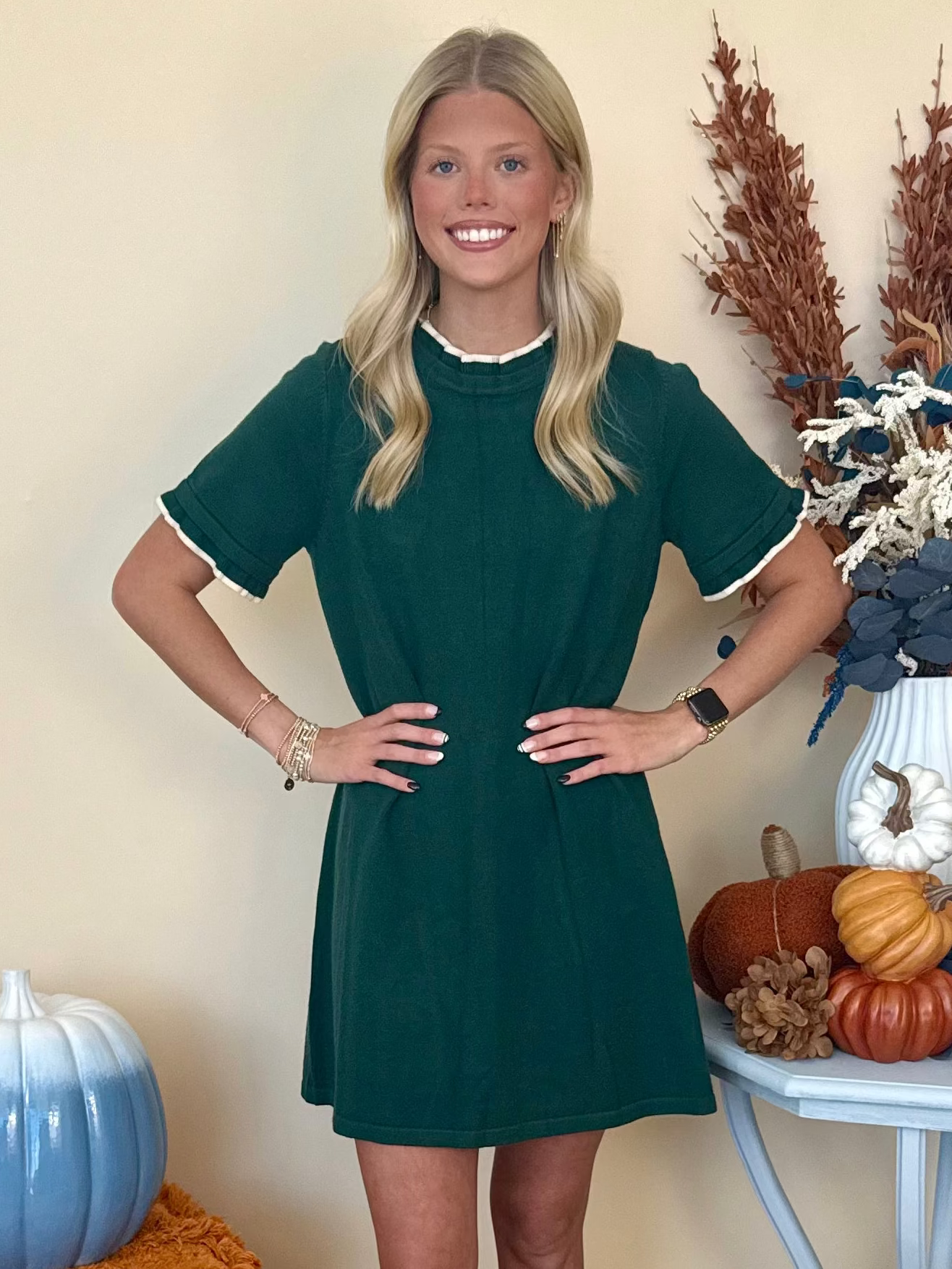 Easy Choice Hunter Green Ruffled Eye Detail Dress-Shop-Womens-Boutique-Clothing