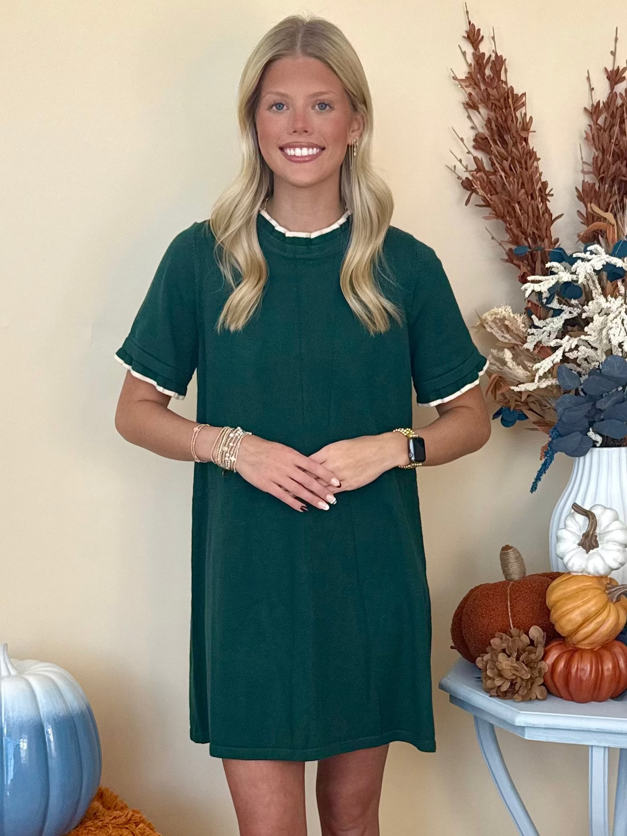 Easy Choice Hunter Green Ruffled Eye Detail Dress-Shop-Womens-Boutique-Clothing