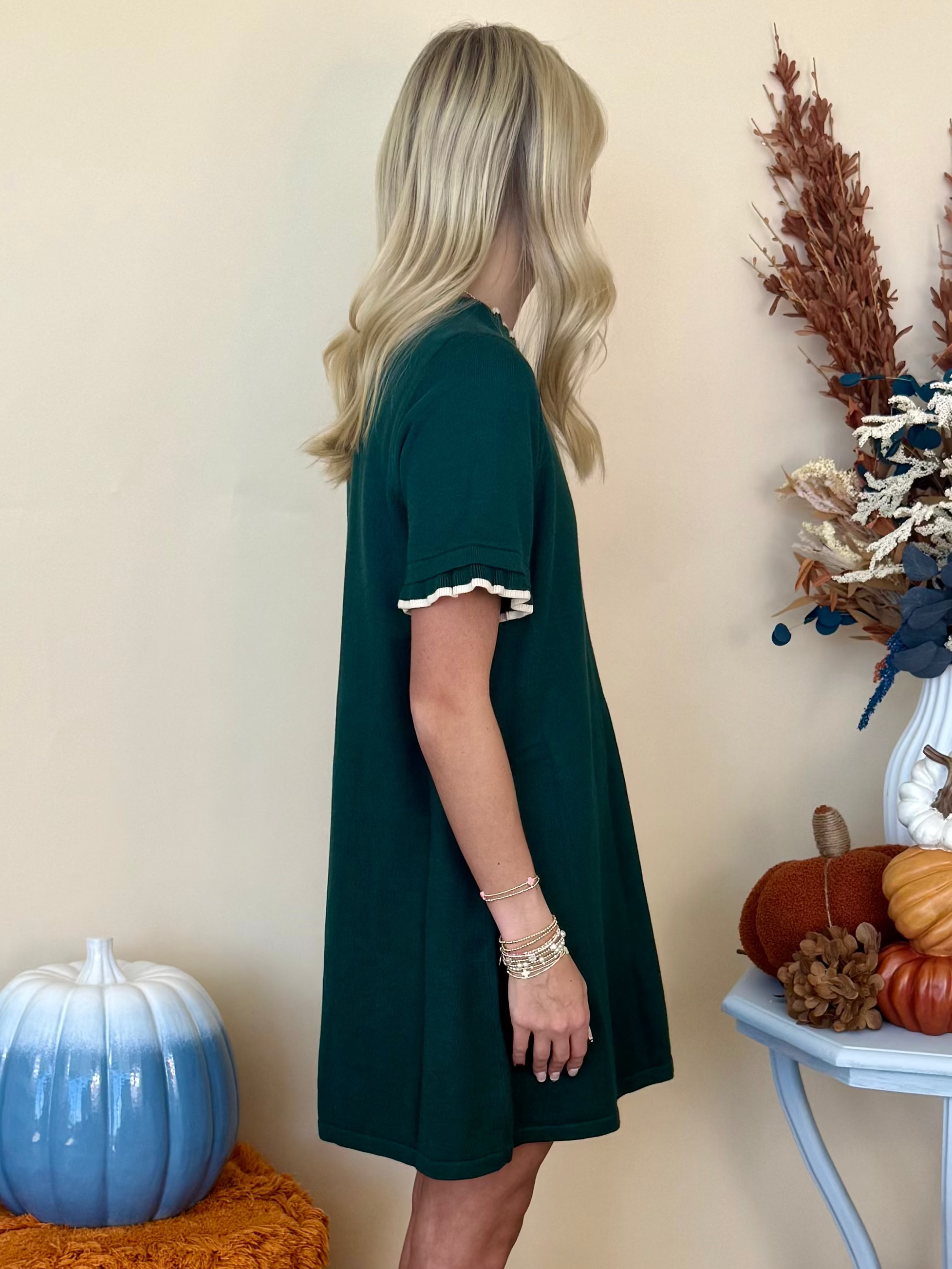 Easy Choice Hunter Green Ruffled Eye Detail Dress-Shop-Womens-Boutique-Clothing
