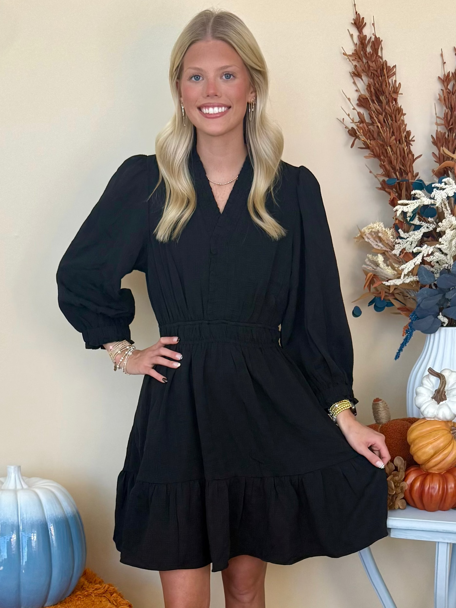 Sweet Silhouette Black Textured Smocked Neck Dress