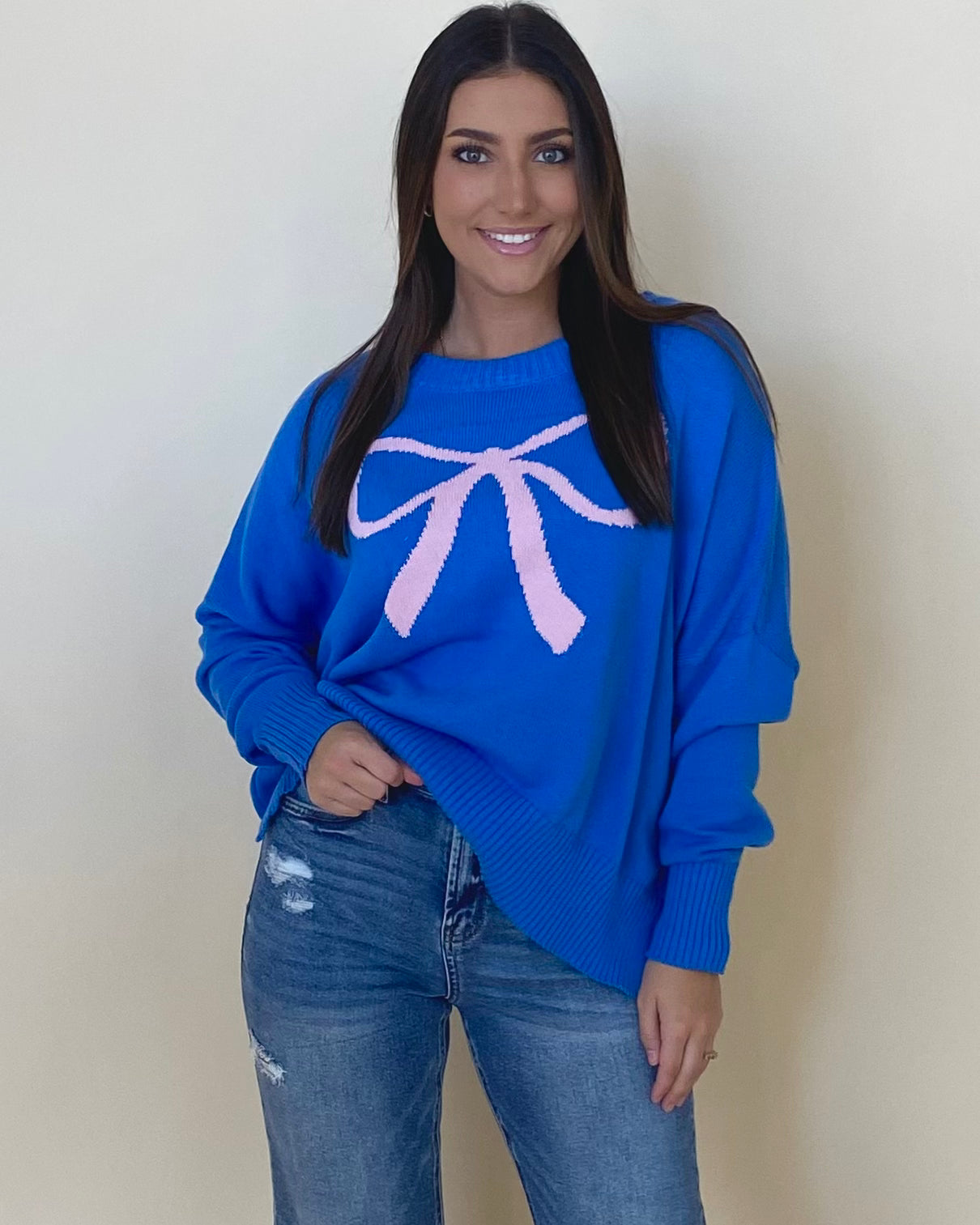 Me Time Royal Blue Ribbon Sweater-Shop-Womens-Boutique-Clothing