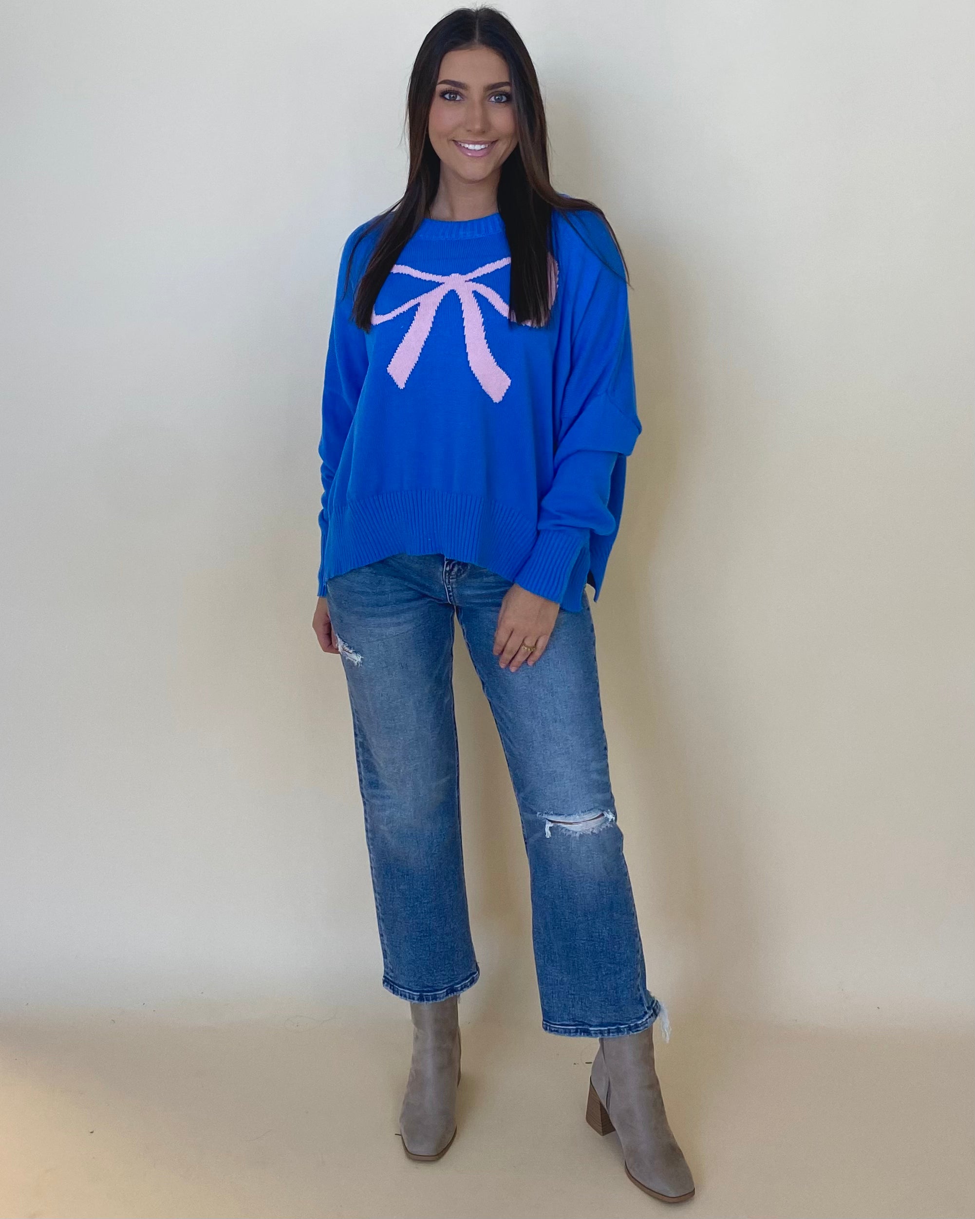 Me Time Royal Blue Ribbon Sweater-Shop-Womens-Boutique-Clothing