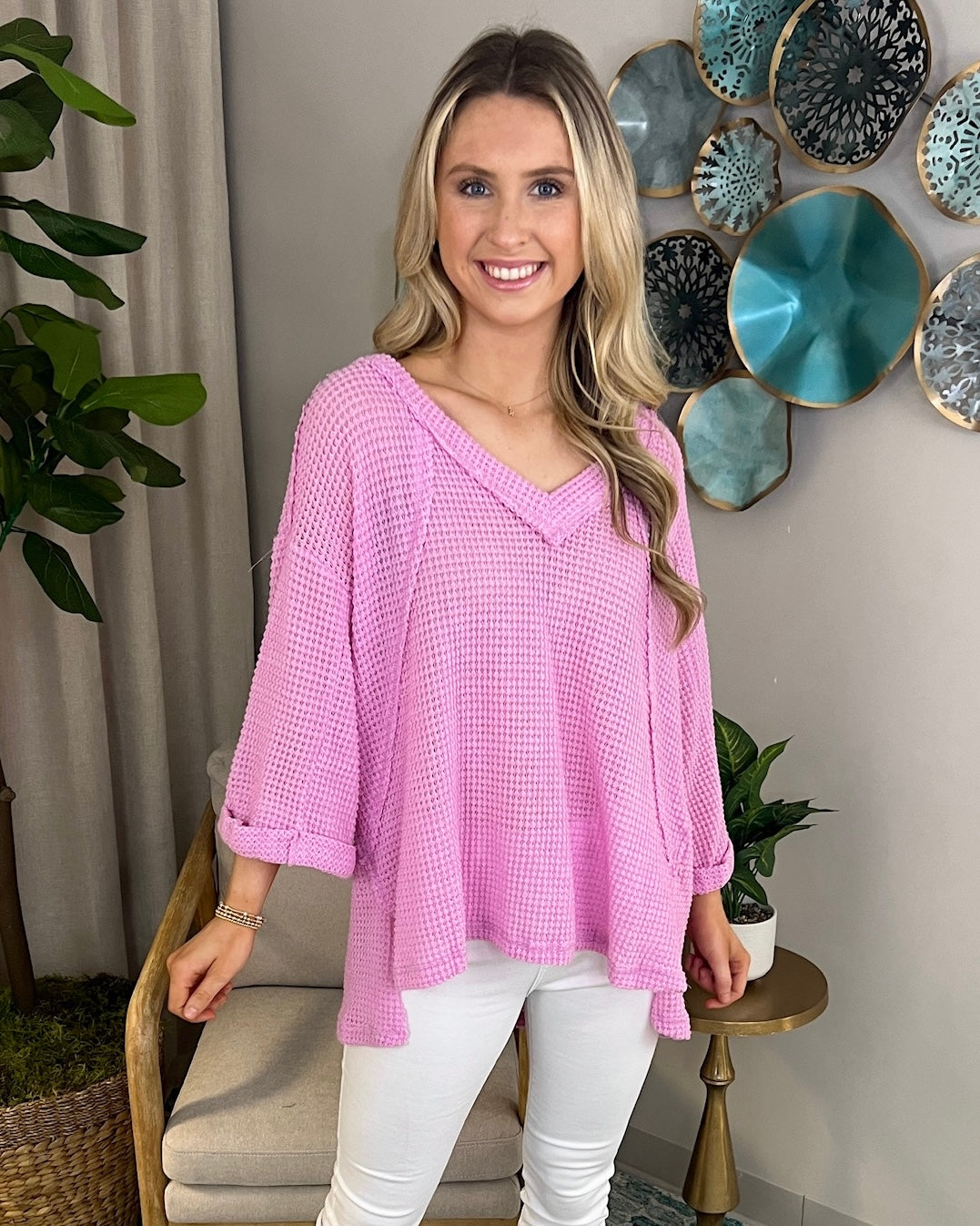 Like New Bubble Pink Waffle Knit Top-Shop-Womens-Boutique-Clothing