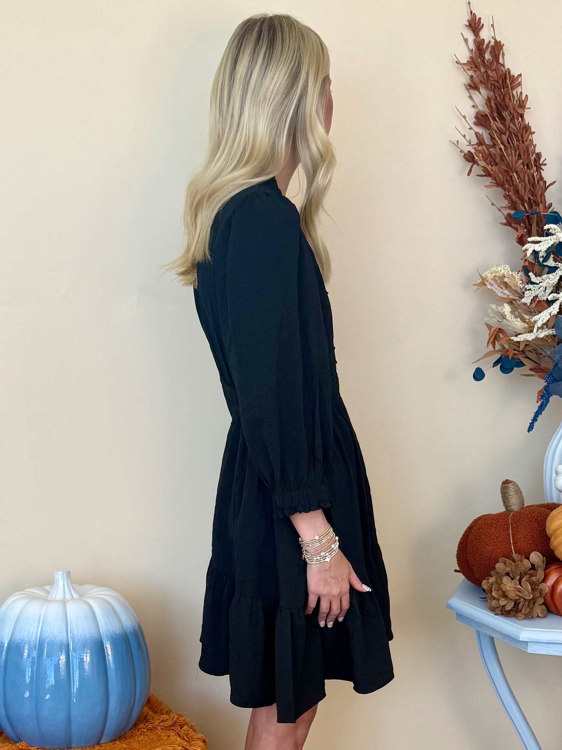 Sweet Silhouette Black Textured Smocked Neck Dress