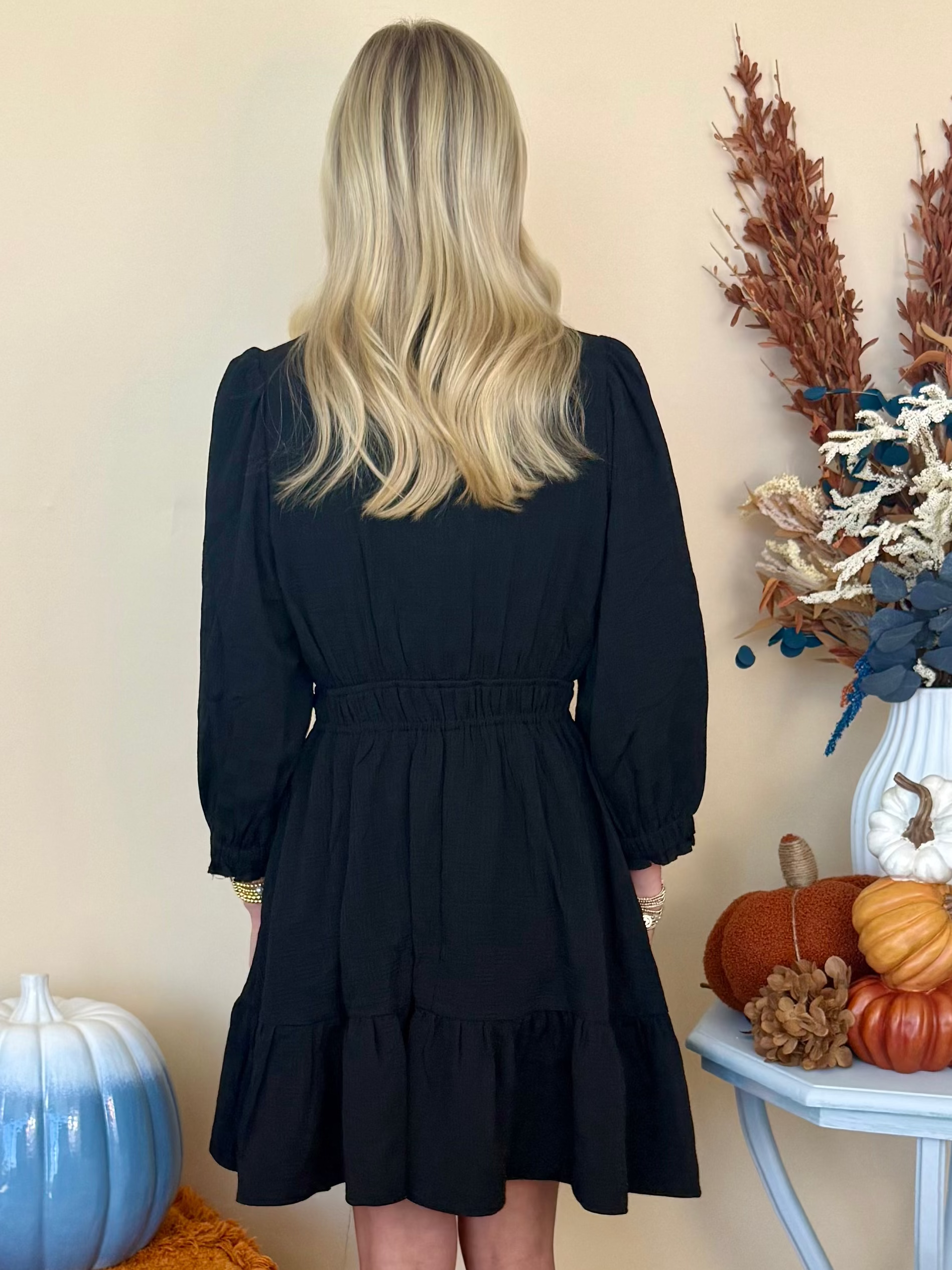 Sweet Silhouette Black Textured Smocked Neck Dress