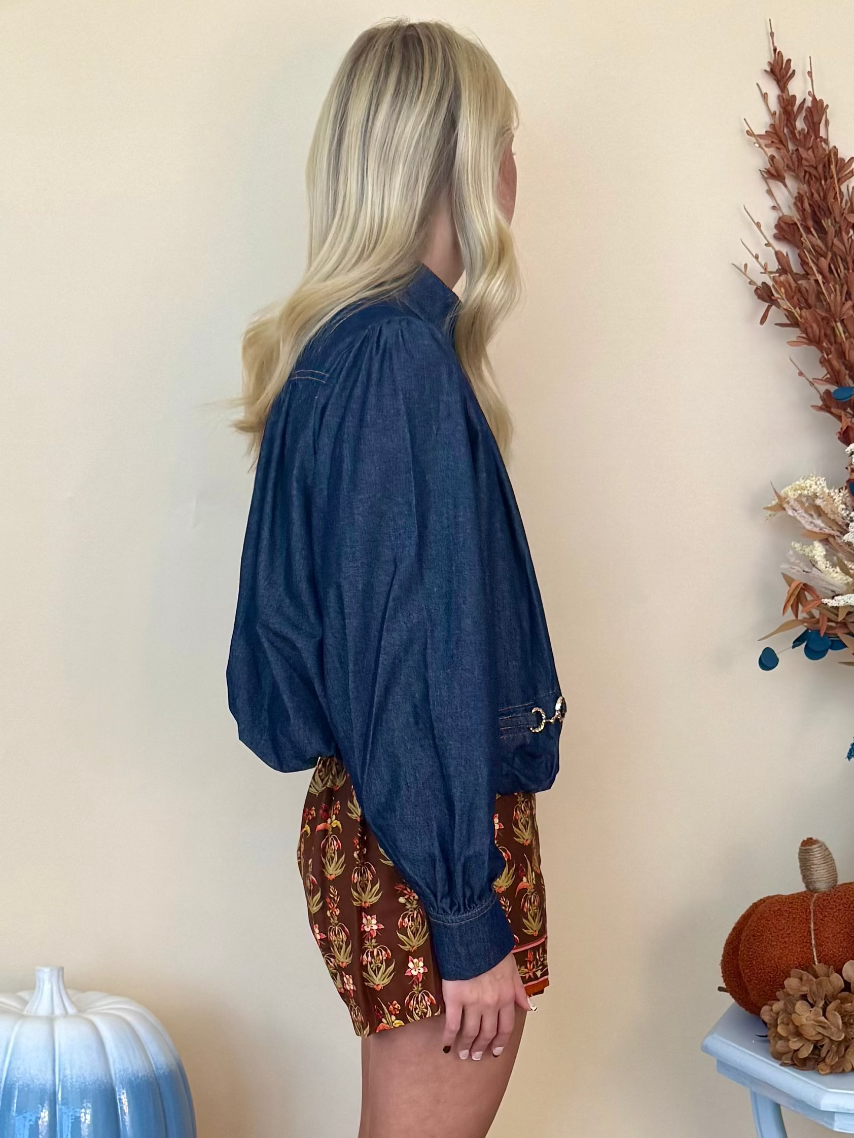 Shimmering Twilight Dk Denim High Neck Top