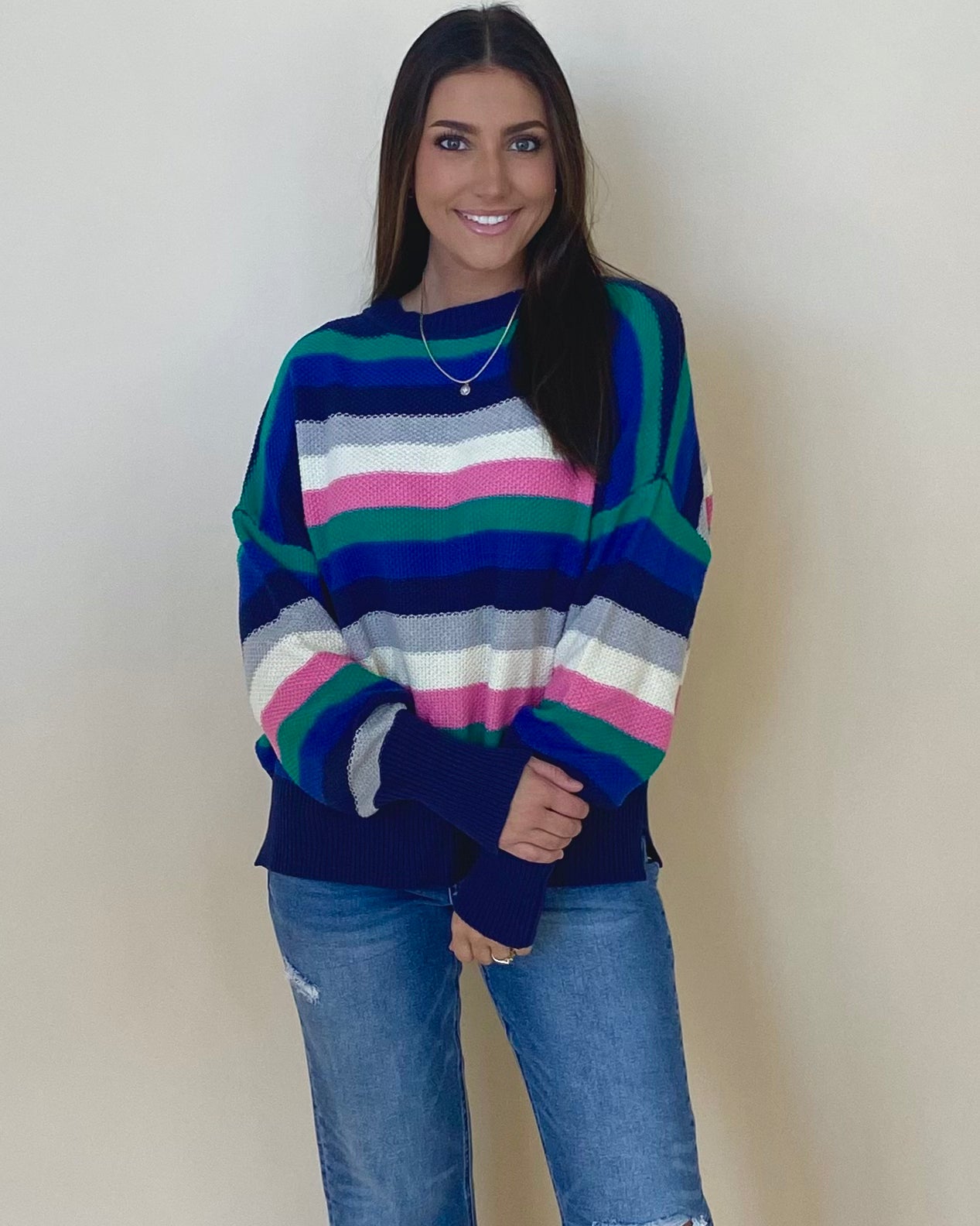 Makes Sense Navy Mix Striped Sweater-Shop-Womens-Boutique-Clothing