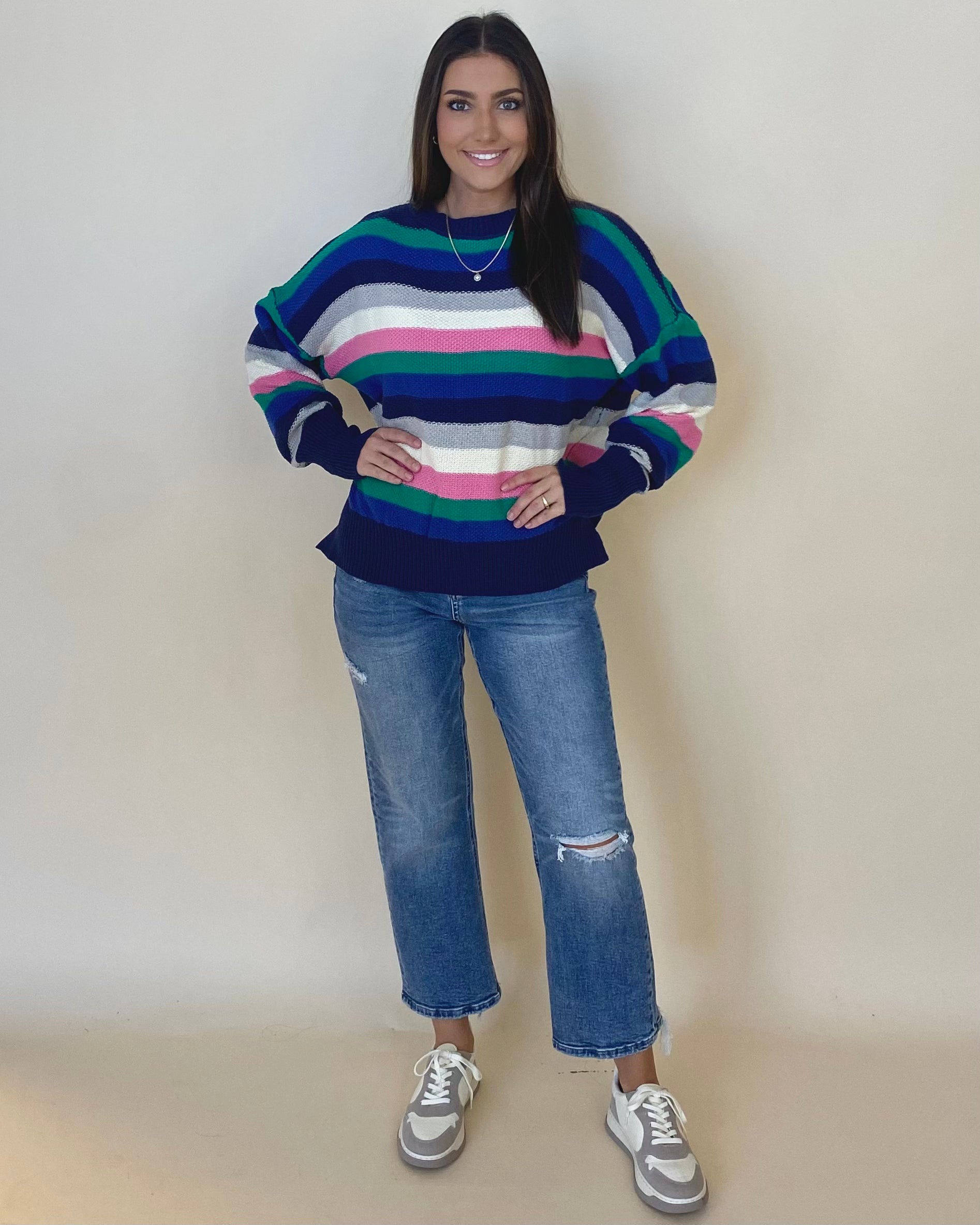 Makes Sense Navy Mix Striped Sweater-Shop-Womens-Boutique-Clothing