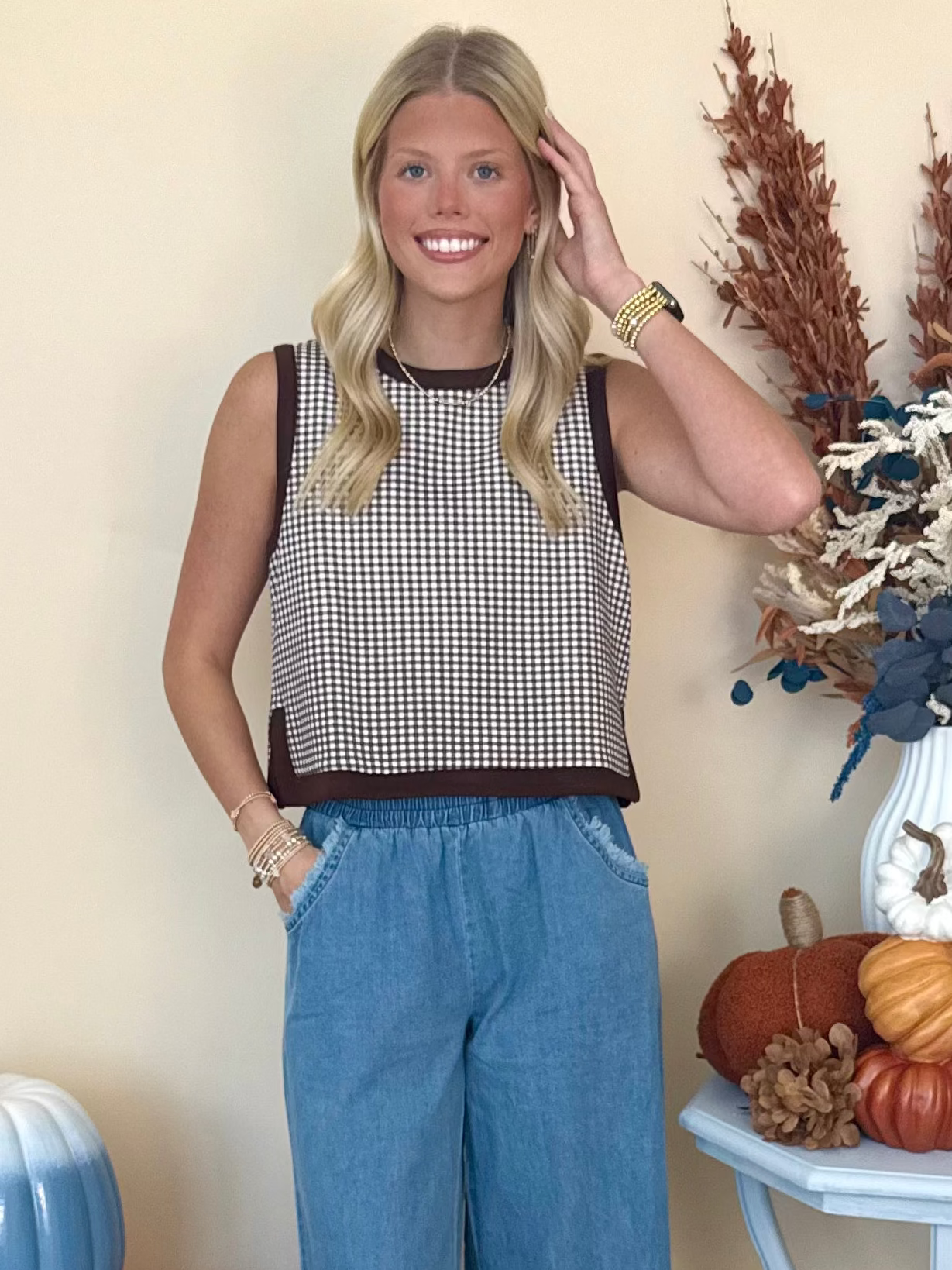 Wild & Free Brown Gingham Sleeveless Knit Top