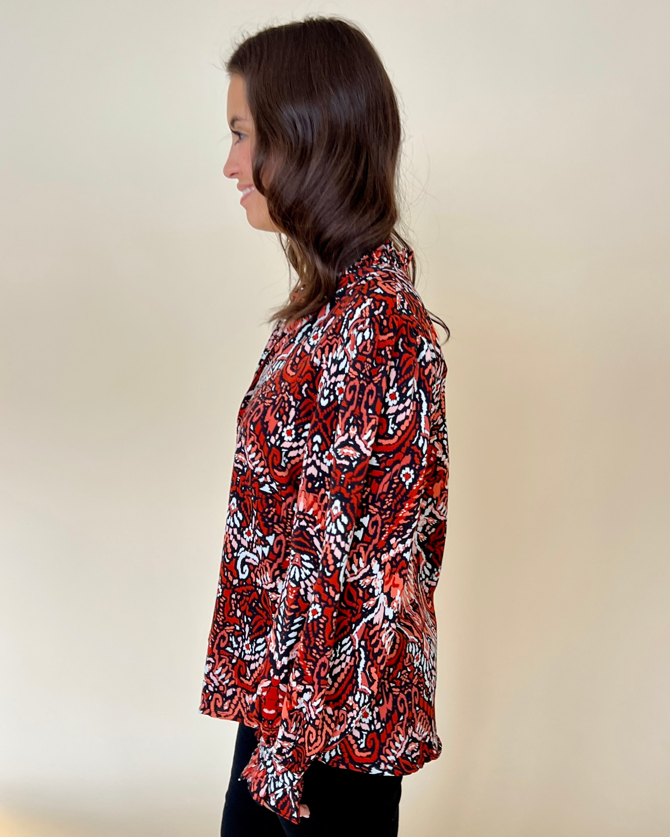 New Chapter Rust Printed Split Neck Top-Shop-Womens-Boutique-Clothing