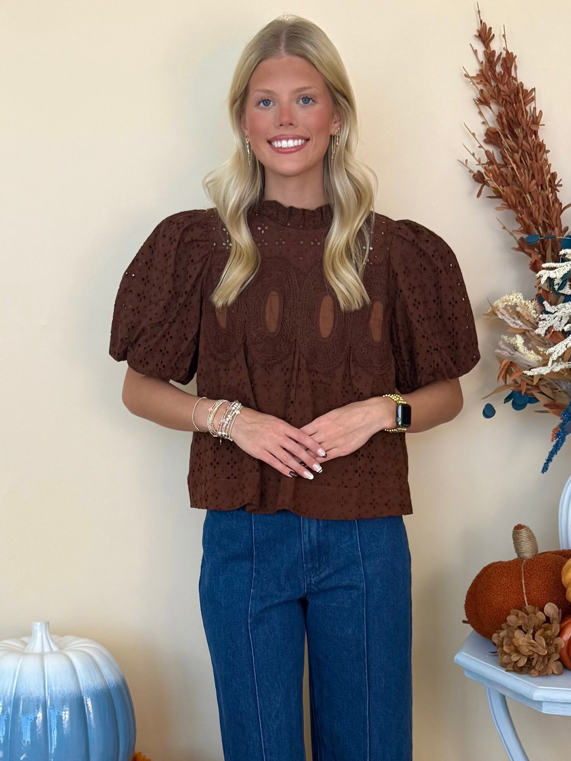 Wildly Yours Brown Eyelet Crochet Trim Top