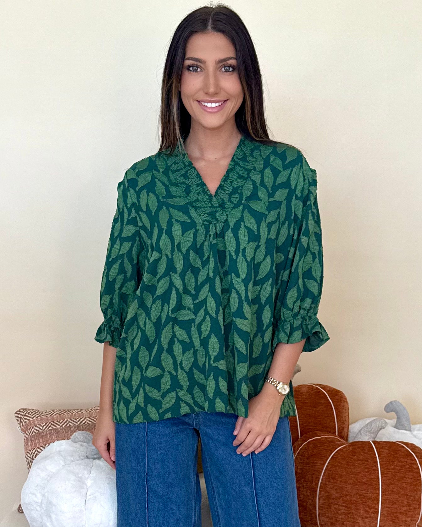 Sunkist Sroll Green Floral Jacquard Top-Shop-Womens-Boutique-Clothing