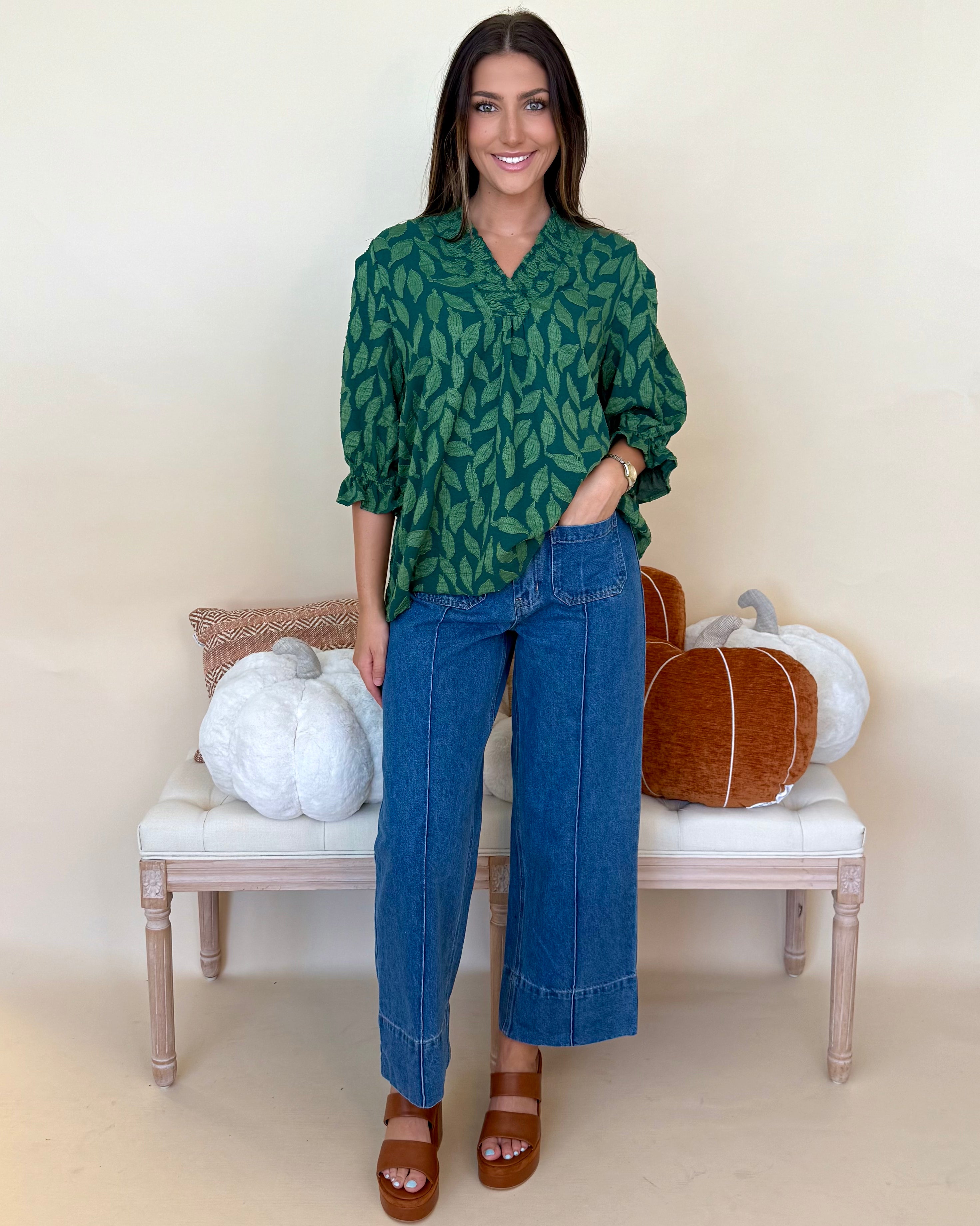Sunkist Sroll Green Floral Jacquard Top-Shop-Womens-Boutique-Clothing